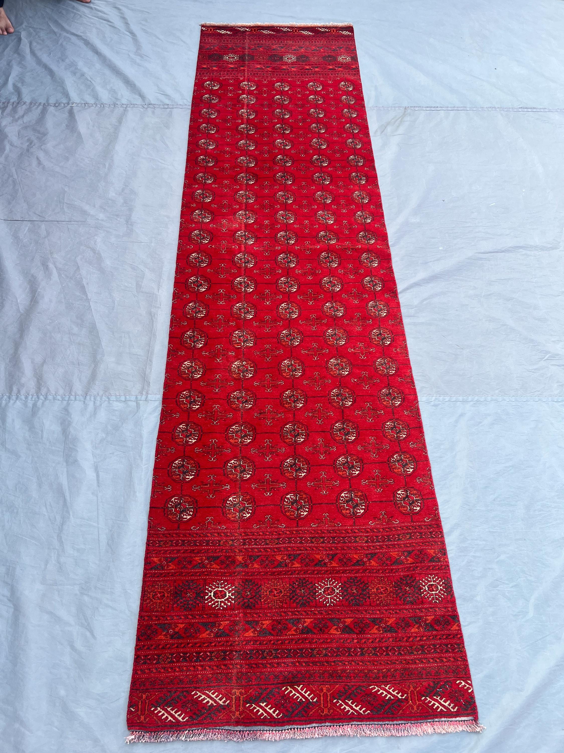 3 x 10 ft Afghan Hand Knotted Vintage Runner Rug Tekke Ersari Design Distressed Red Wool Long Hallway | for entryway & living room decor rug