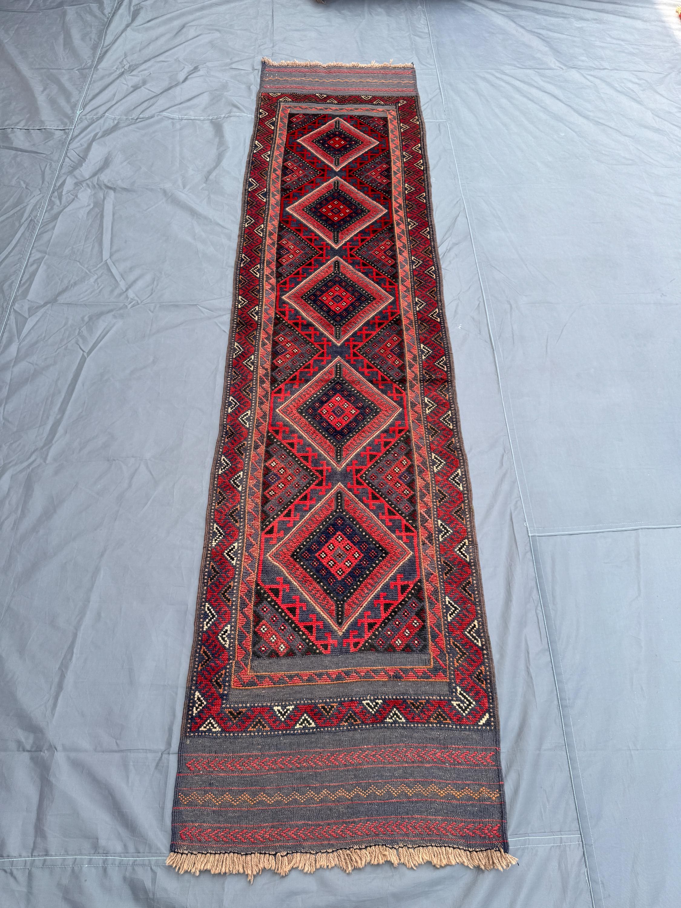 2x9 Afghan Baluch Runner Rug | Handwoven Mishwani Wool Carpet | Tribal Red Faded Design | Narrow Hallway Rug, 