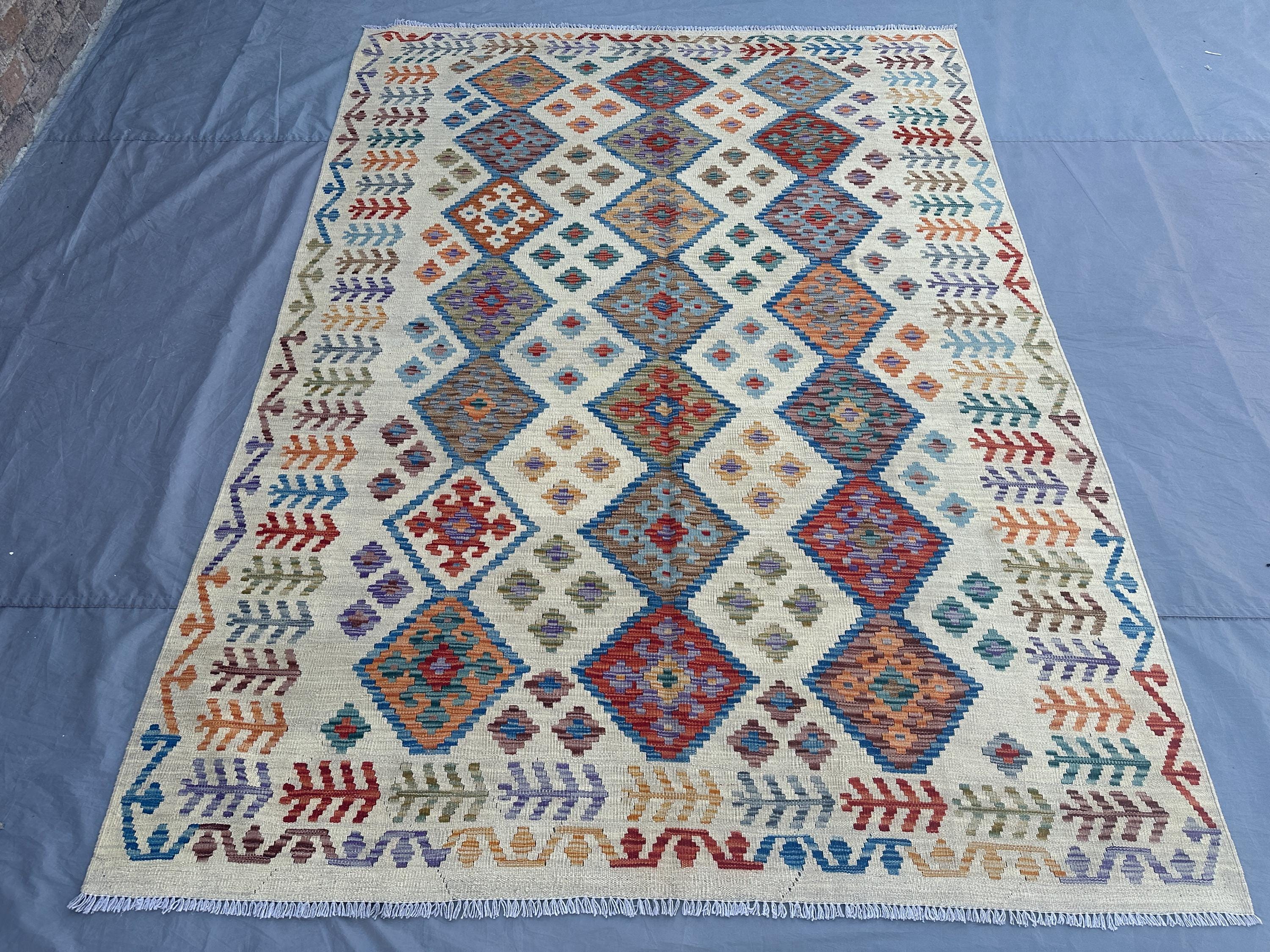 6x8 Afghan Kilim Rug | Handmade Wool Flat Weave Carpet | Ivory Tribal Geometric Design | Colorful Boho Decor |