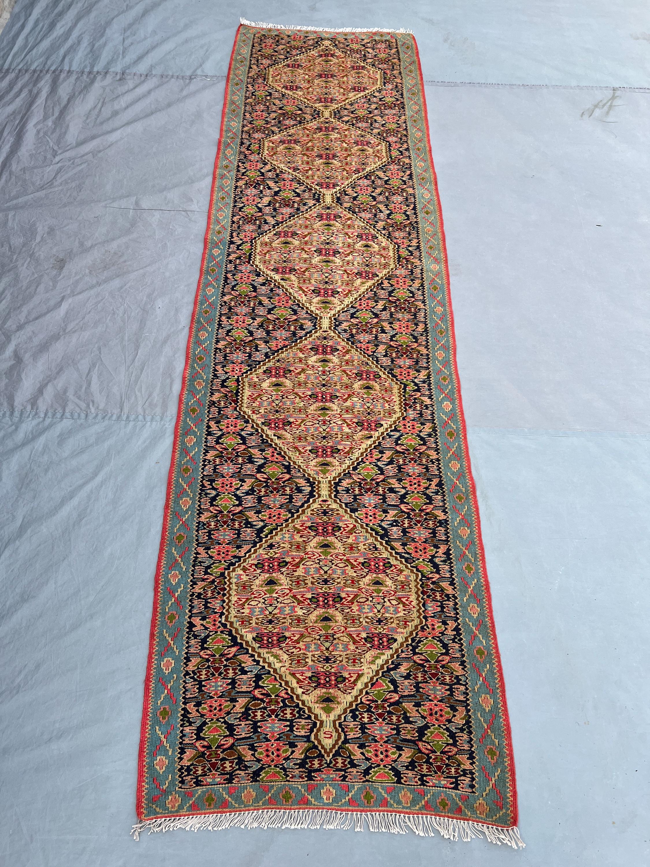 2'3x8'5 Vintage Afghan Flat Woven Wool Kilim Runner Navy Camel Repeating Diamond Medallion Dense Multicolor Tribal Boho Hallway Carpet