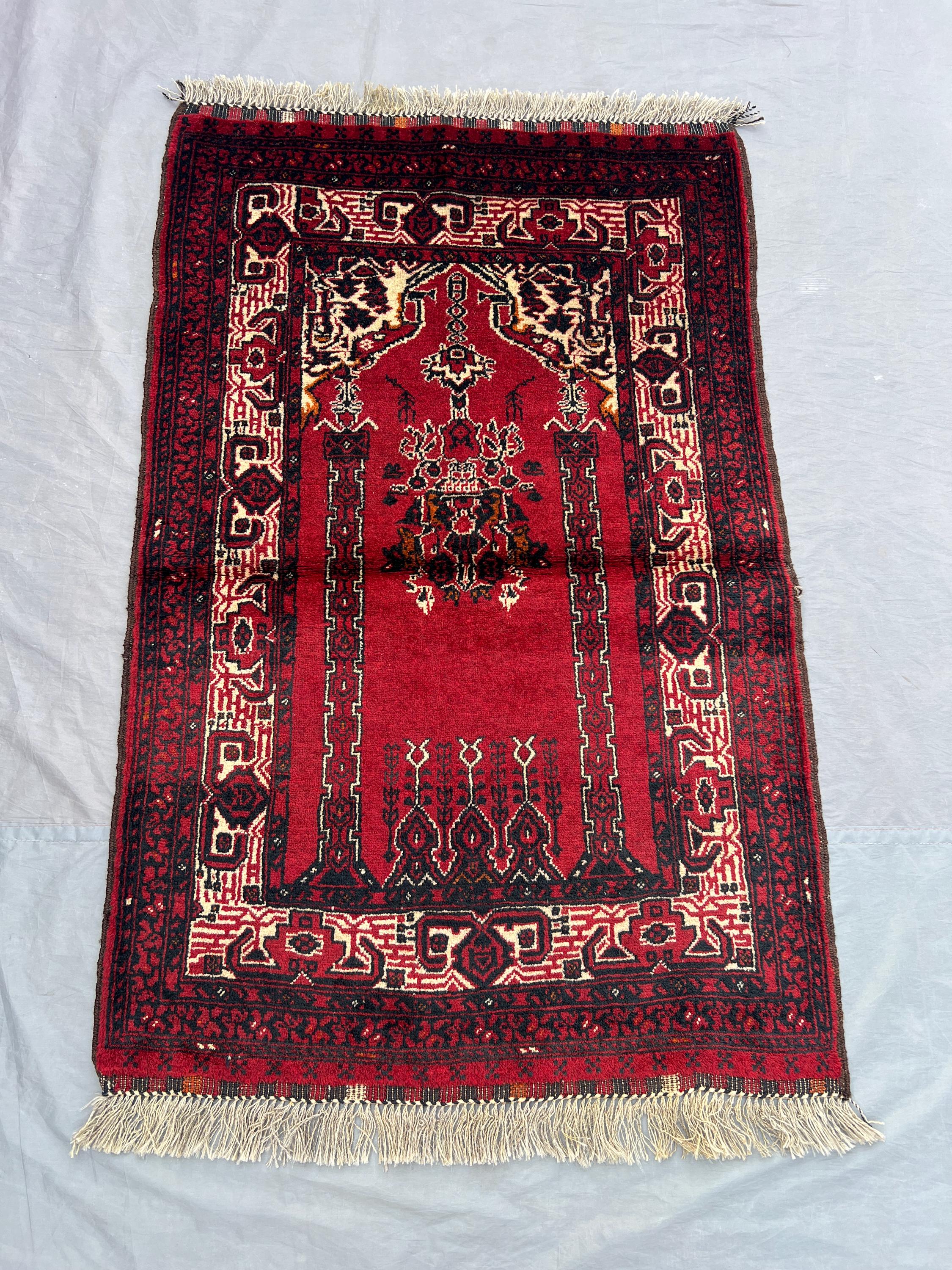 2.9 x 4.5 ft Afghan Hand Knotted Baluchi Design Rug Wool Carpet Vintage Tribal Oriental Prayer Style Red Geometric Pattern Home Decor