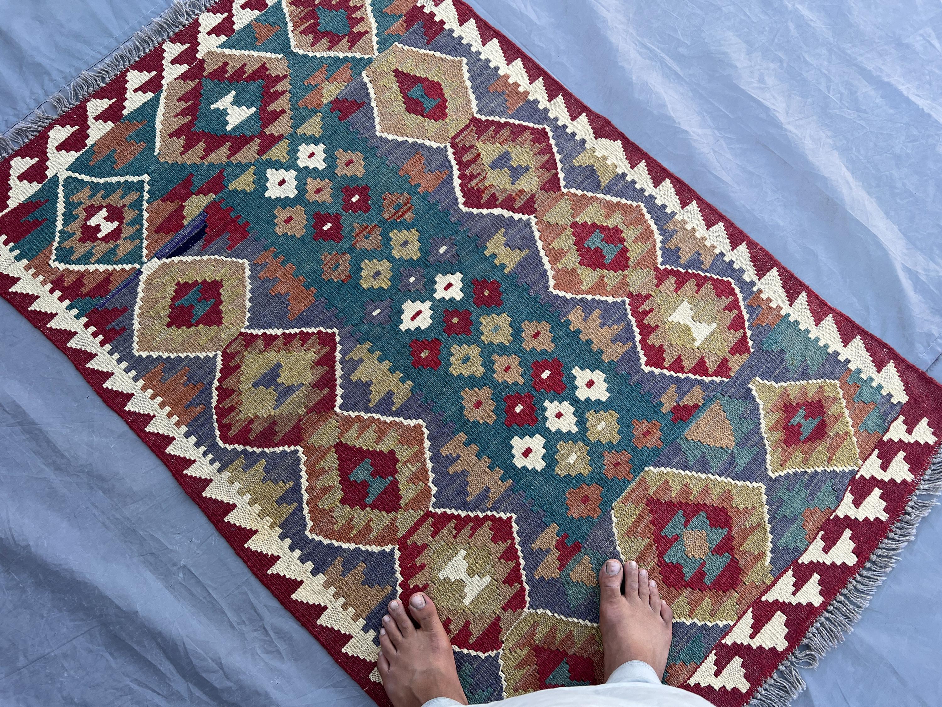 3'3x5 ft Afghan Handmade Kilim Rug | Red Teal Geometric Tribal Flat Weave Wool Carpet | Boho Entryway Accent Rug, Kids Rug, Home Decor