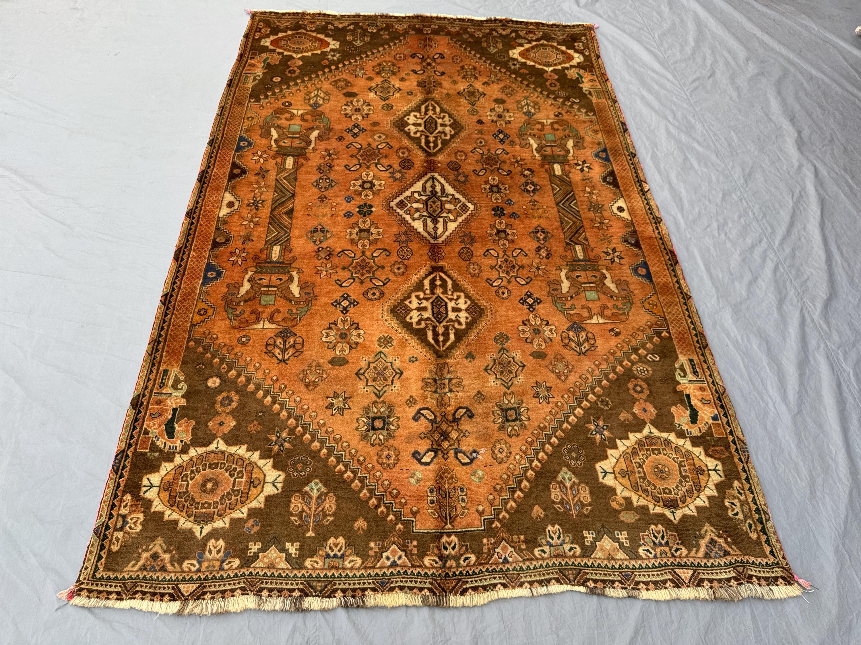 5'3x8'2 ft Turkish Inspired Wool Hand-Made Vintage Area Rug Medallion Design, Warm Brown and Orange, Boho Decor, One-of-a-Kind