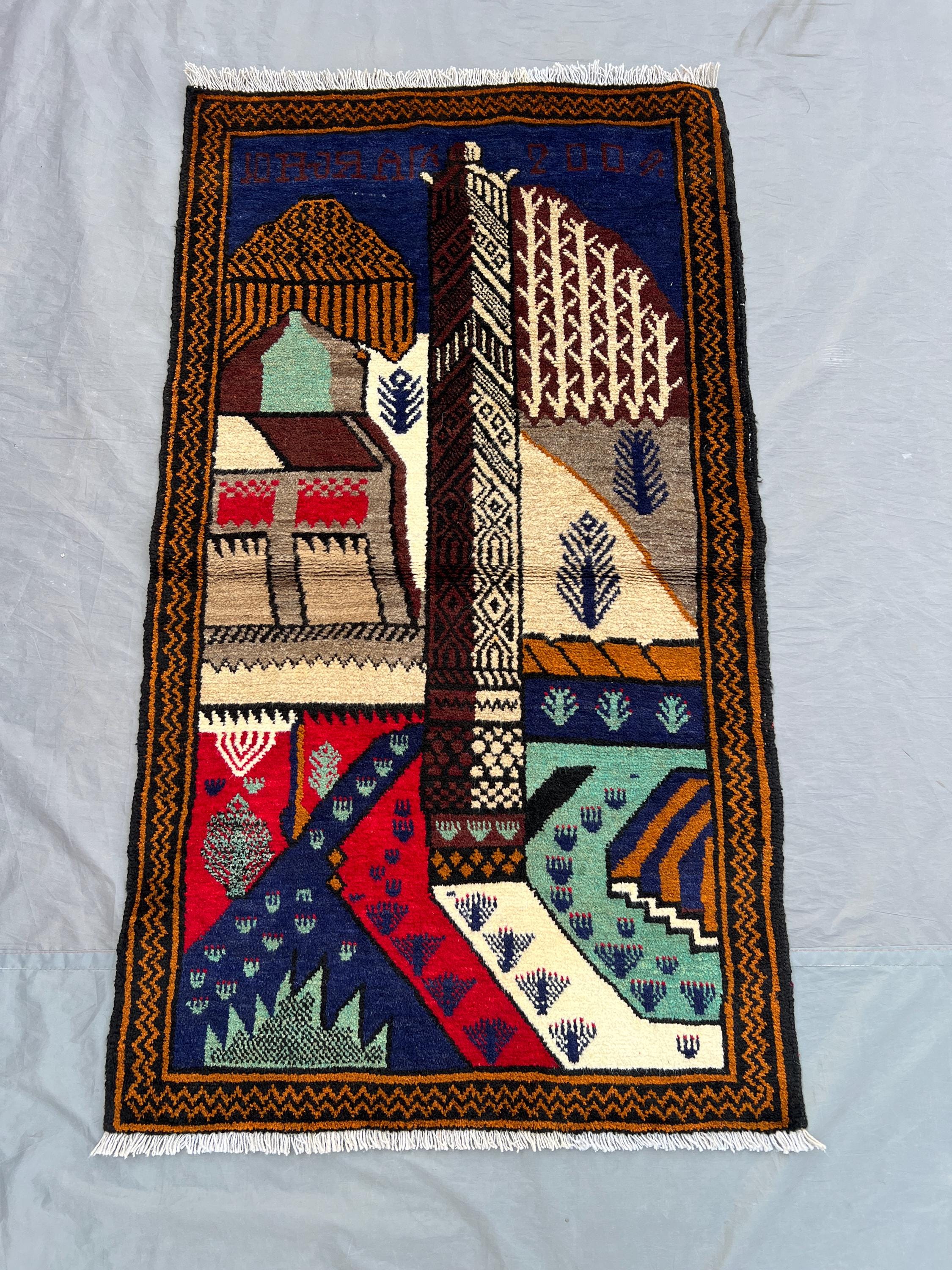 2'6 x 4'6 ft Afghan Vintage Hand Knotted Pictorial Rug Tribal Wool Carpet Colorful Oriental Art Design Unique Collectible Rug Home Decor