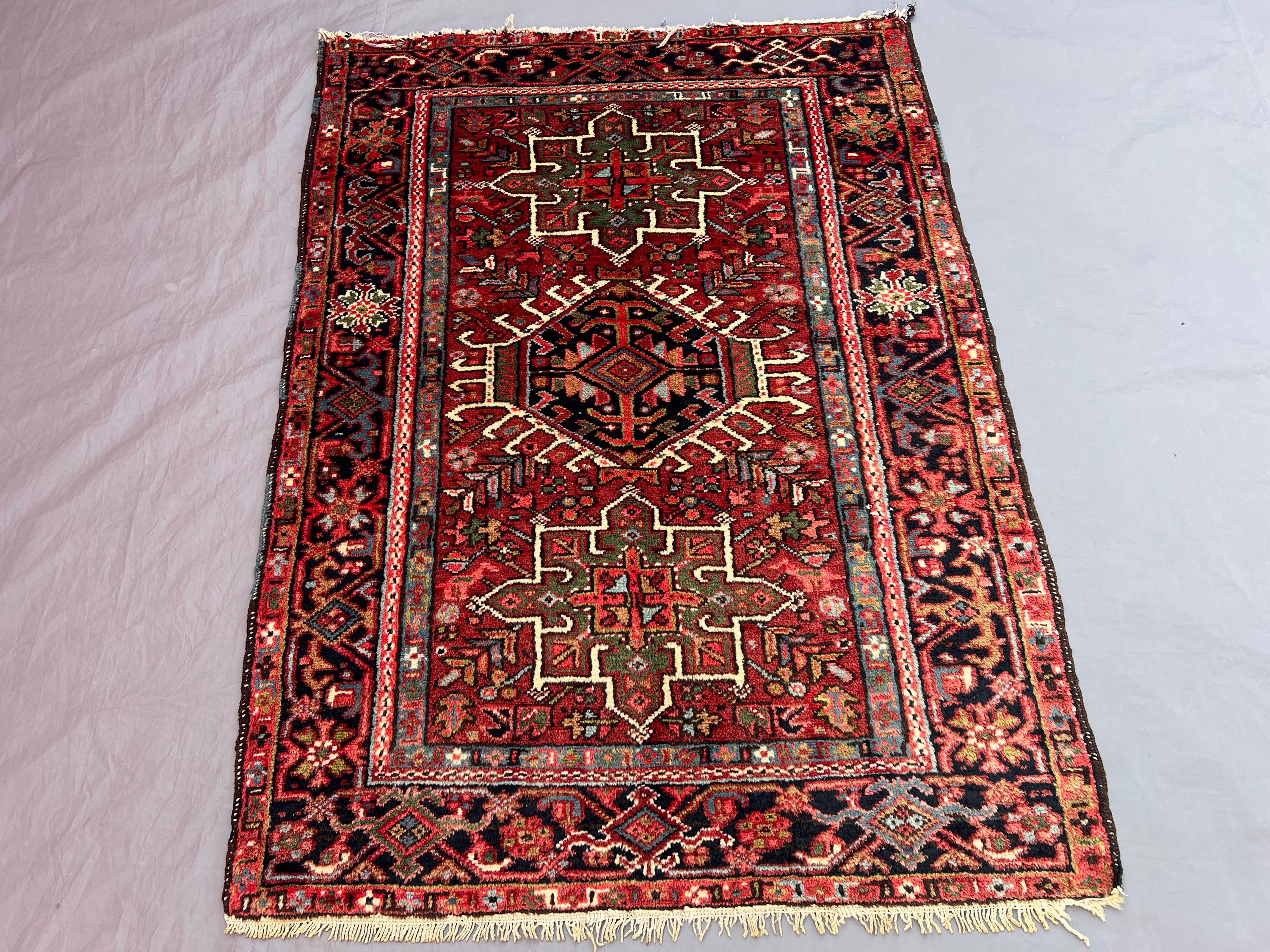 3'5x4'7 ft Vintage Afghan Hand-Knotted Rug, Soft Pile, Tribal Geometric Design, Red & Green, Living Room, Bedr