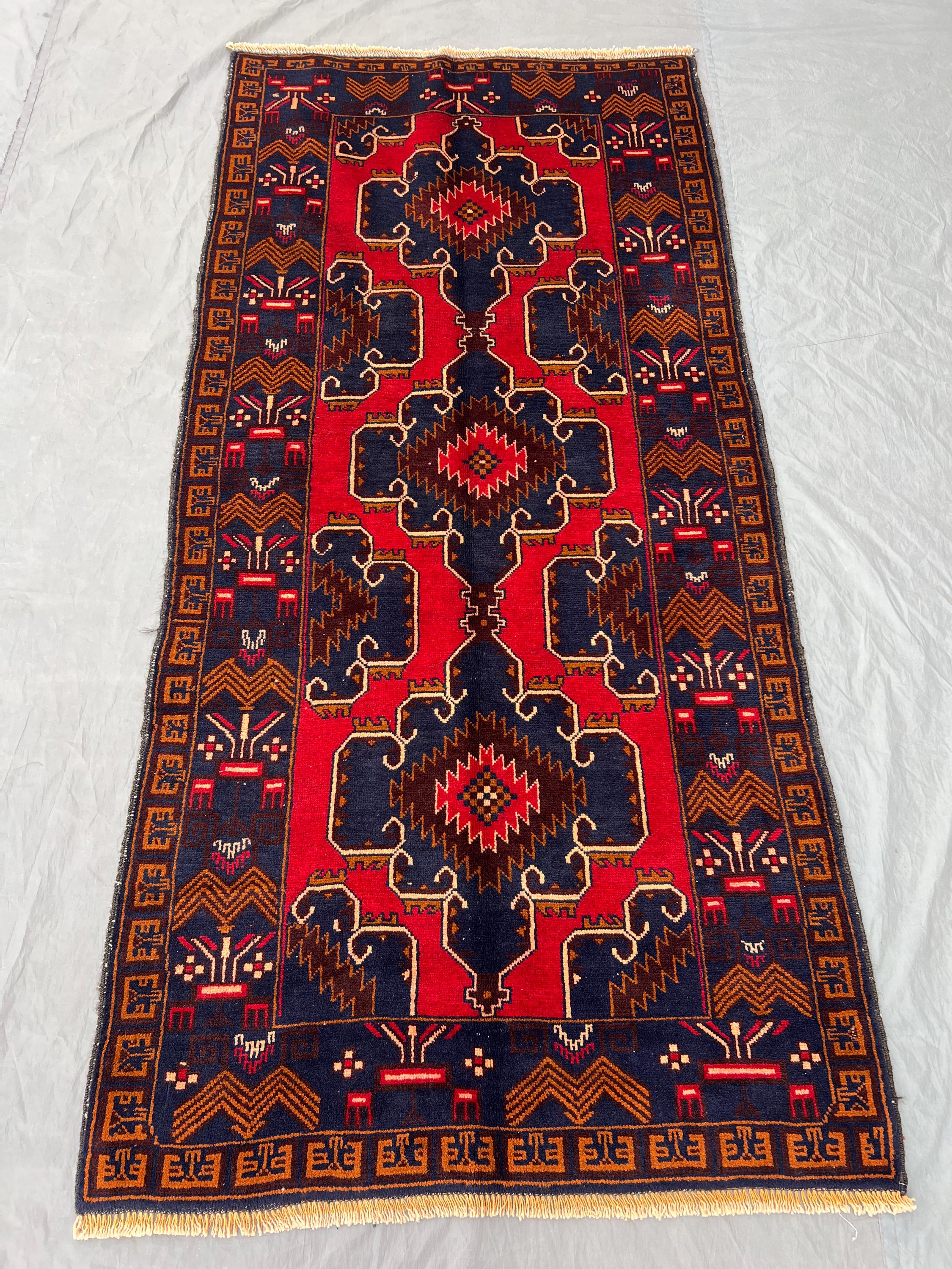 Rare Afghan Hand-Knotted Vintage Runner-Turkoman Ersari Design | 3x7 ft | Authentic Traditional Oriental | Per