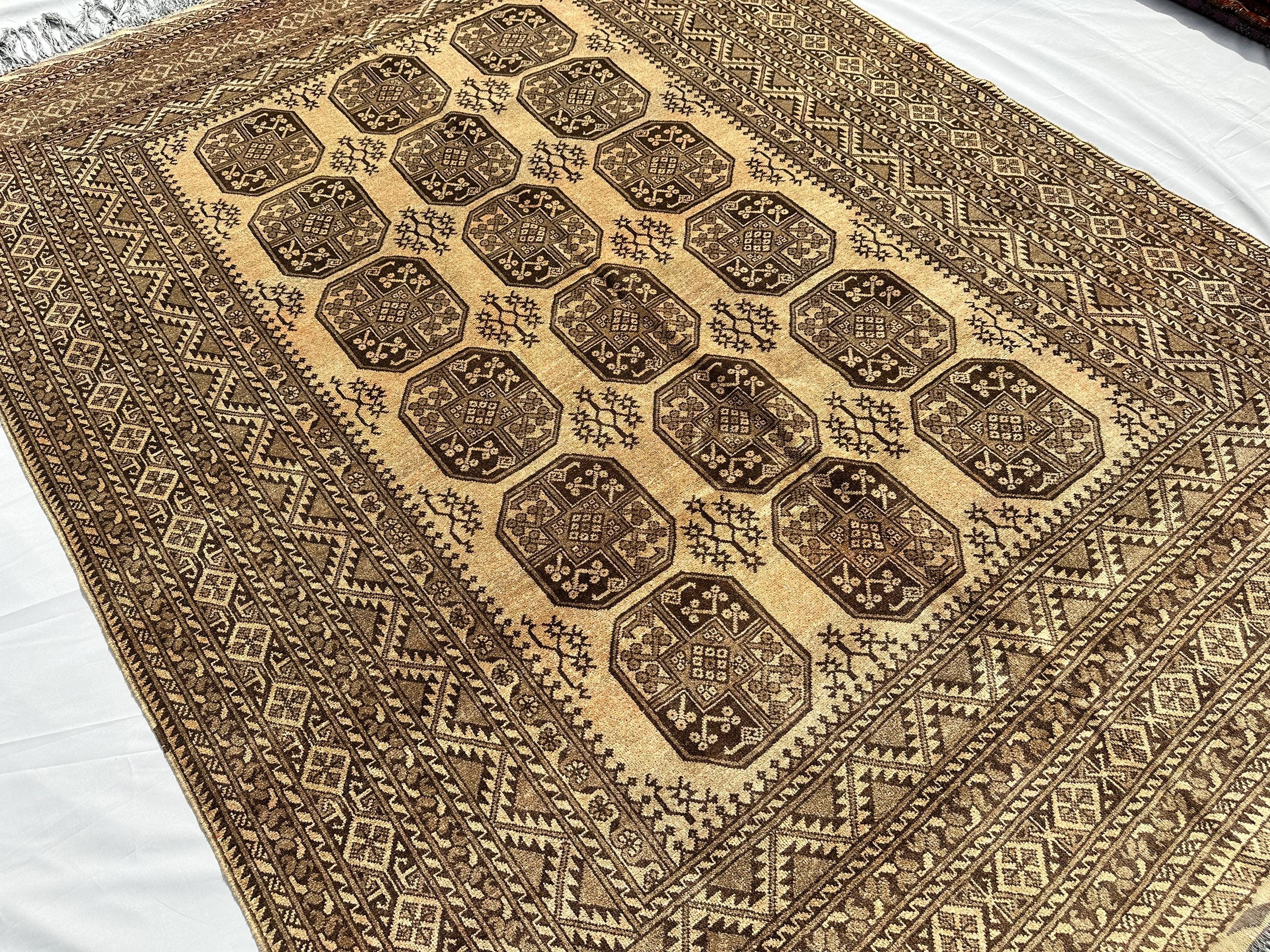 1970s Antique Ivory Bukhara Rug 9x7, Vintage Turkmen Tribal Wool Rug, Handmade Oriental Carpet Living Room Bed