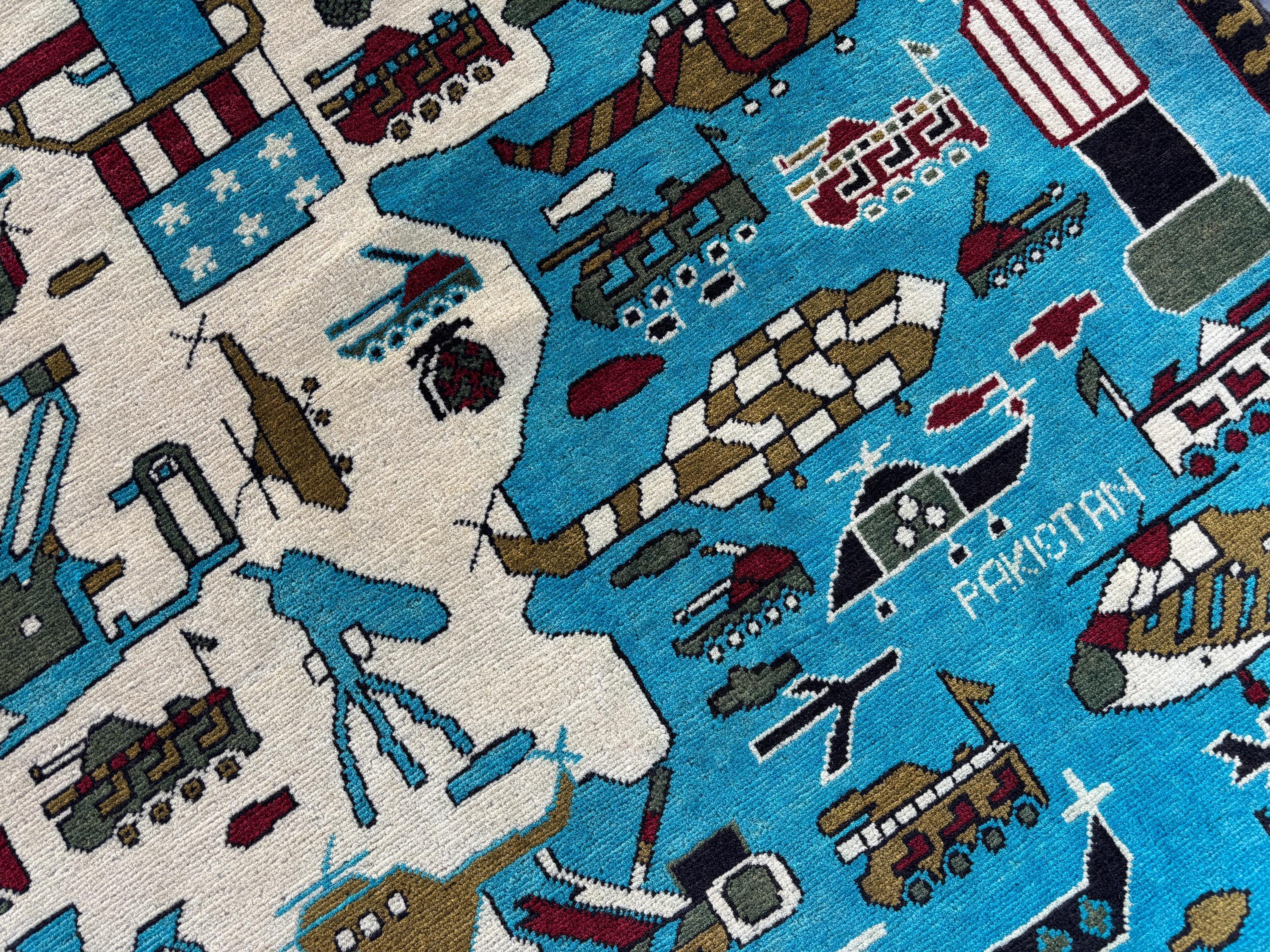 4 x 6 Ft Afghan Hand-Knotted Vintage Soft Pile Rug, One of a Kind Luxury Home Boho Decor, Pictorial Military Design