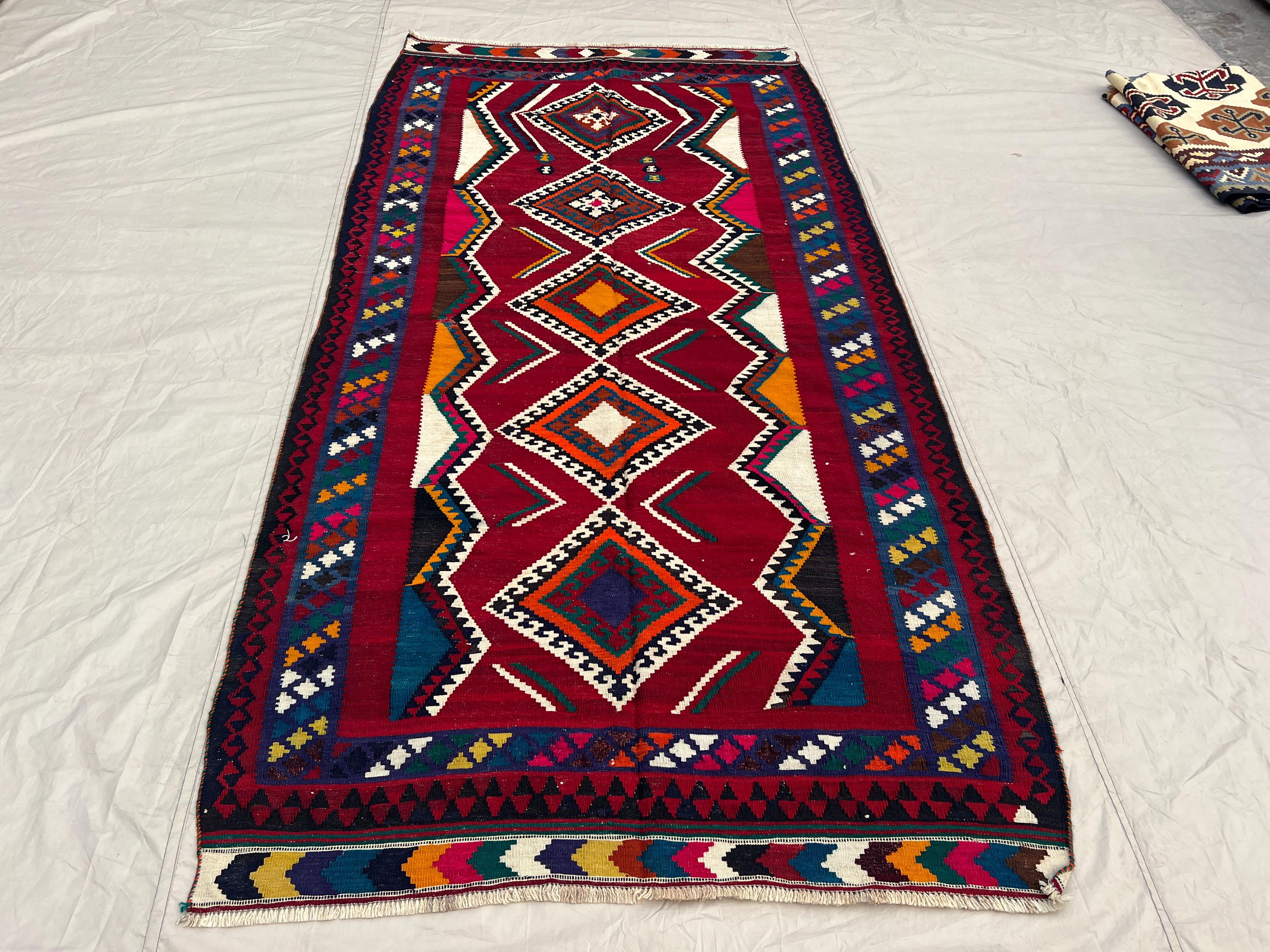 4'8x9'3 Vintage Afghan Baluchi Kilim Rug - Handwoven Flatweave, Bold Red & Colorful Geometric Design - Boho Li