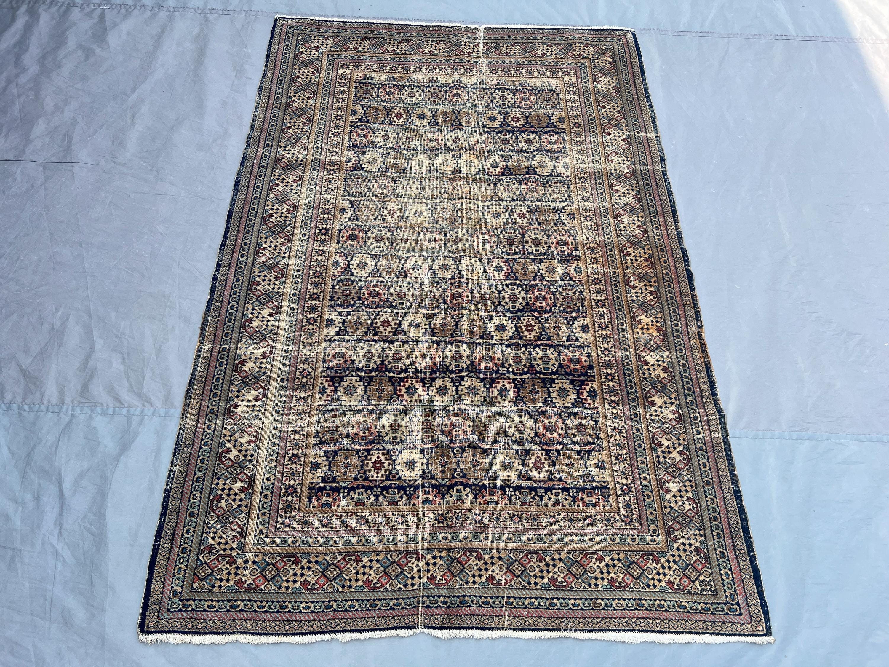 4 x 6 ft Turkish hand knotted vintage low pile rug geometric balochi design unique rug soft pile handmade oriental area rug | farmhouse rug