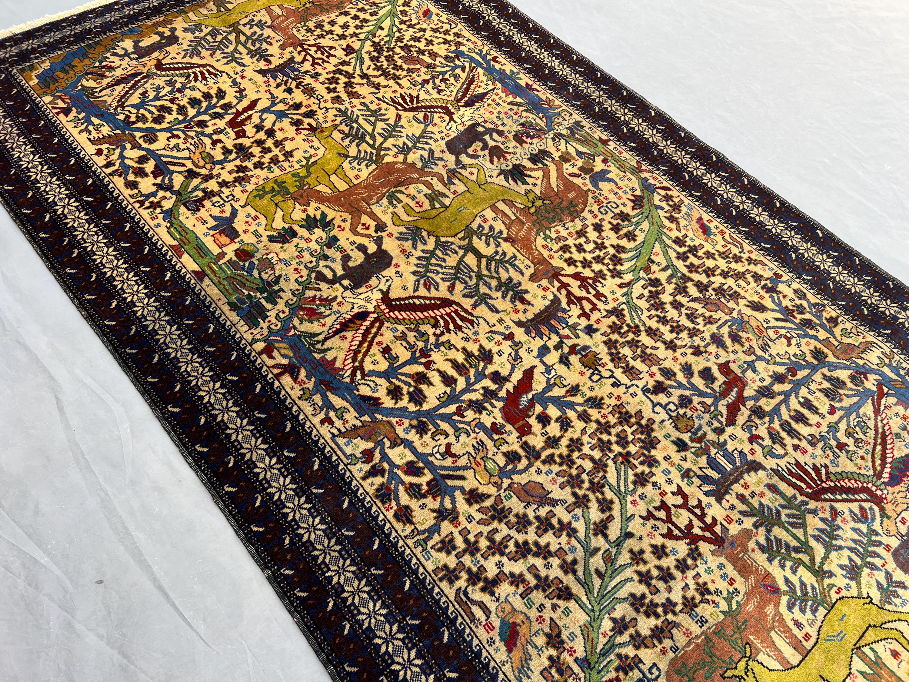 4'4 x 7'7 ft Beige Vintage Afghan Rug, Hand-Knotted Pictorial Baluchi Rug, Animal Hunting Wool Carpet, One of