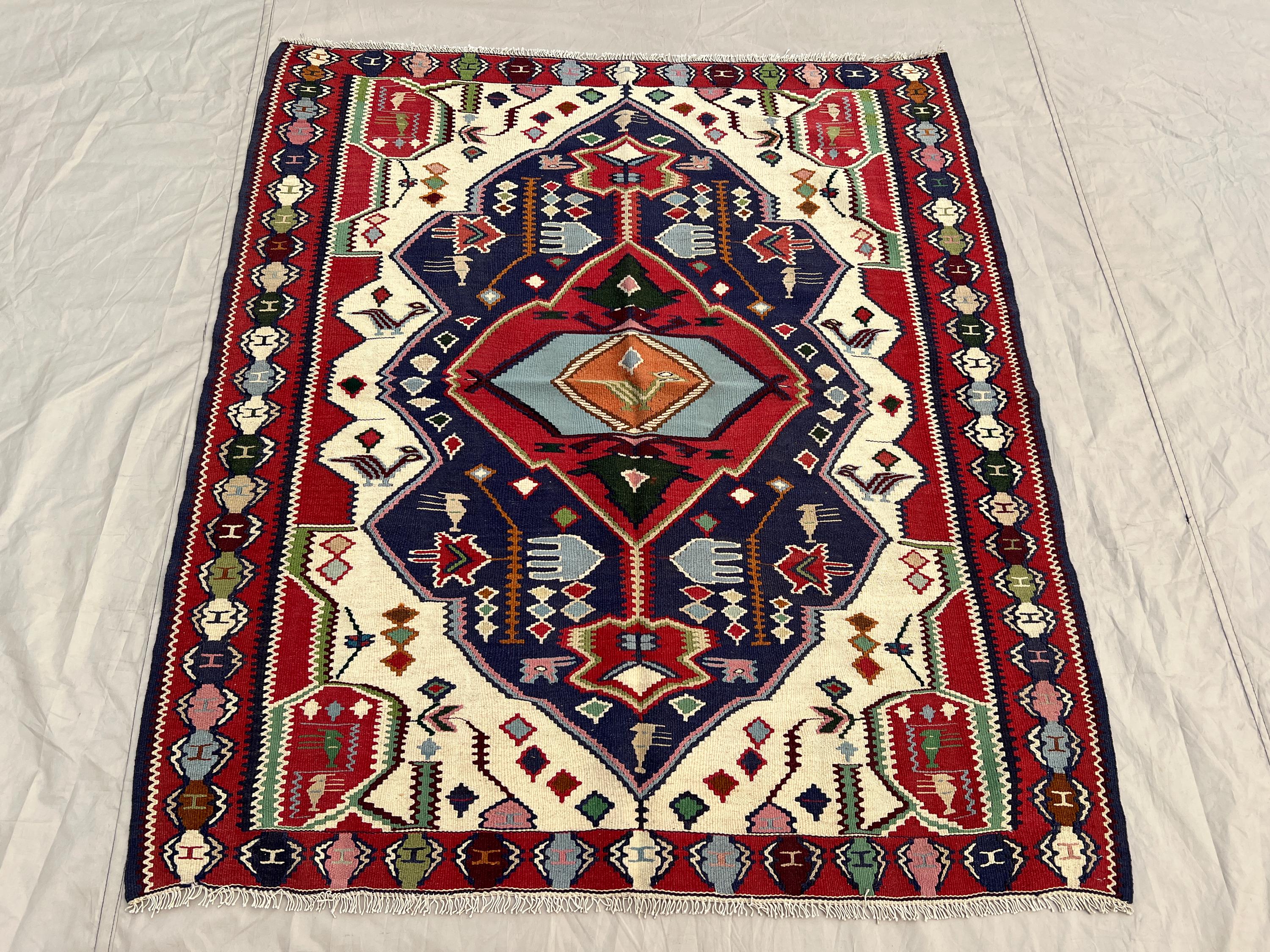 4'2x4'9 Vintage Afghan Kilim Flatweave | Ivory Navy Red Central Medallion | Handwoven Wool Tribal Rug for Living Room Bedroom Entryway