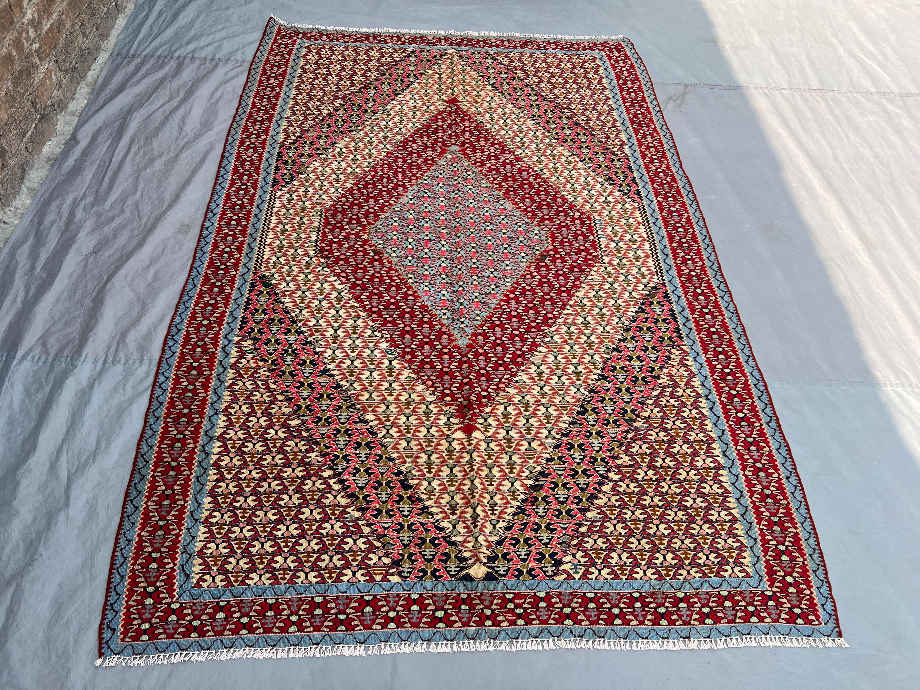 5'3x7'11 Ft Vintage Afghan Kilim Handwoven Wool Flatweave Diamond Medallion Deep Red Ivory Multicolor Area Rug | Living Room Bedroom Decor