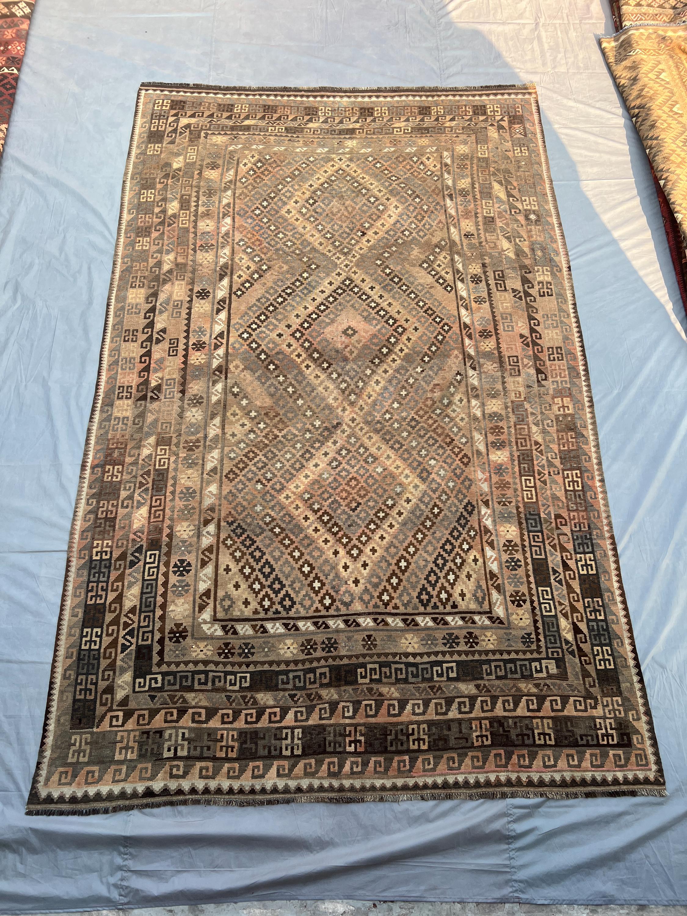 8.1x12.6 ft Afghan Handmade Wool Kilim Rug, Geometric Tribal Pattern, Turkish-Style Large Area Rug, Earth-Toned Flat Weave Rug, Bedroom rug