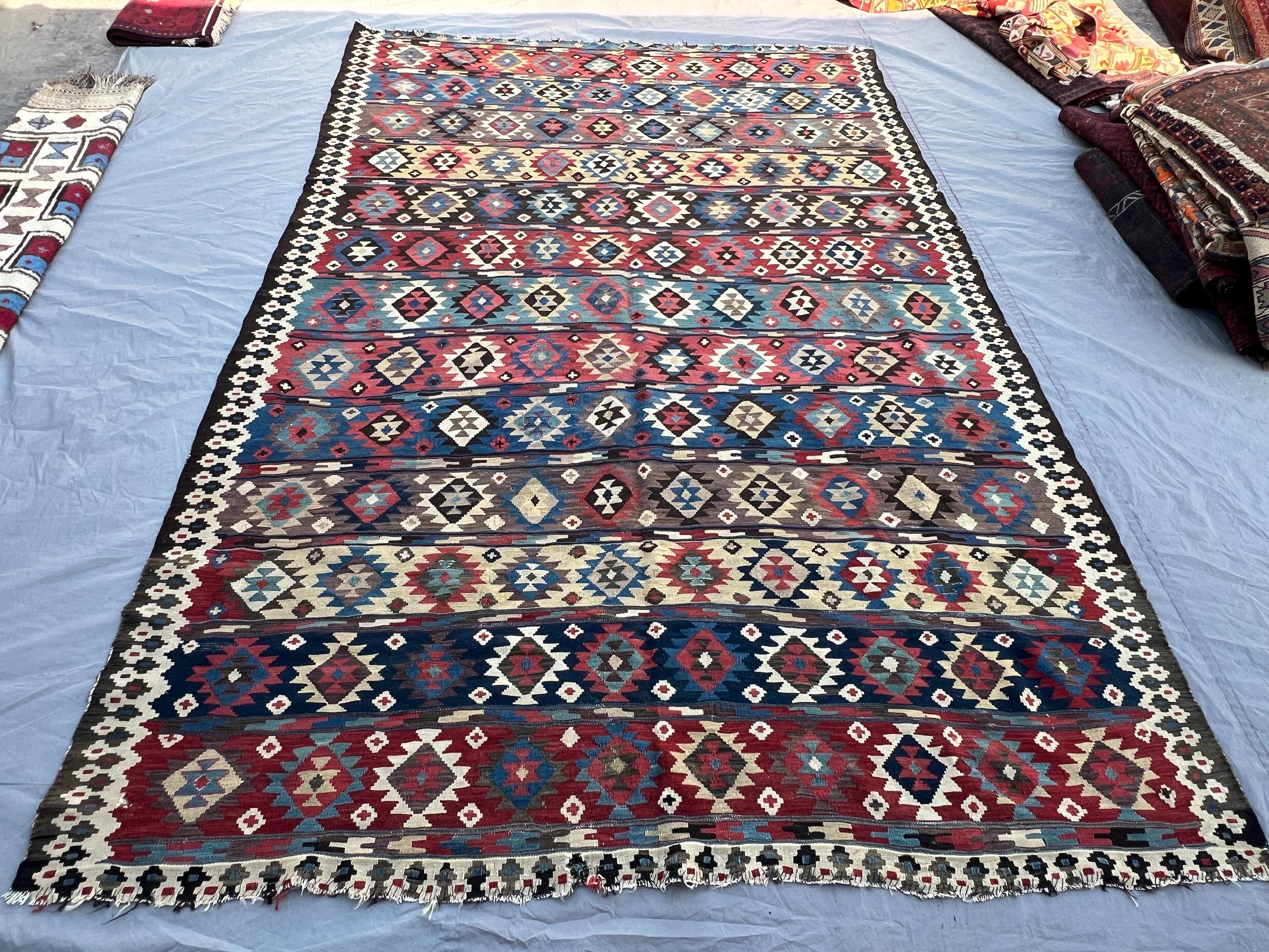 6'9x10'5 ft Vintage Afghan Kazak Style Kilim | Bold Banded Diamond Medallion Flat Weave Caucasian | Red Blue Ivory | Boho Area Kilim