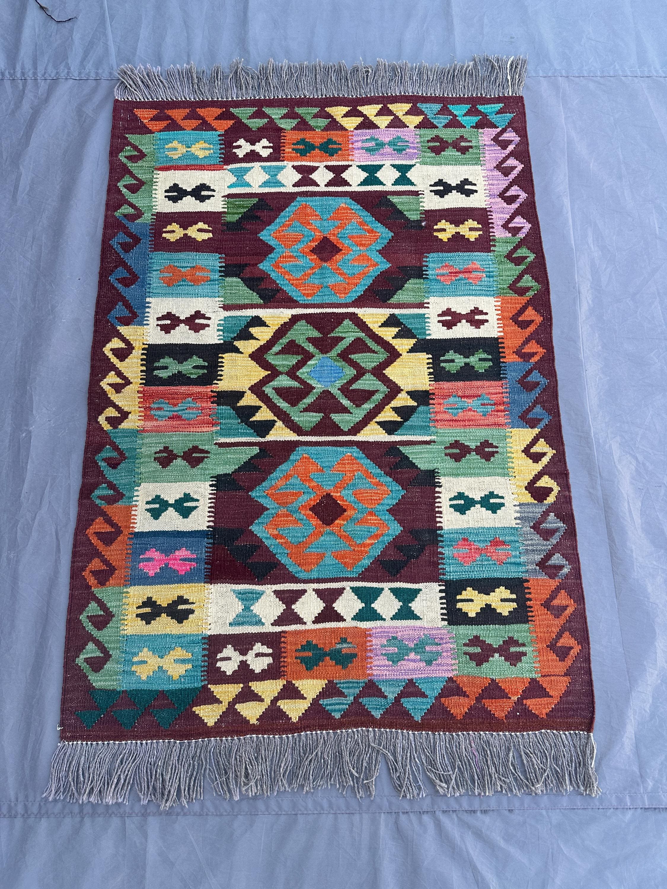 3x4.3 ft, Afghan Kilim Rug | Handmade Flat Weave Wool Carpet | Colorful Tribal Geometric Design | Boho Modern Decor | Small Accent Area Rug