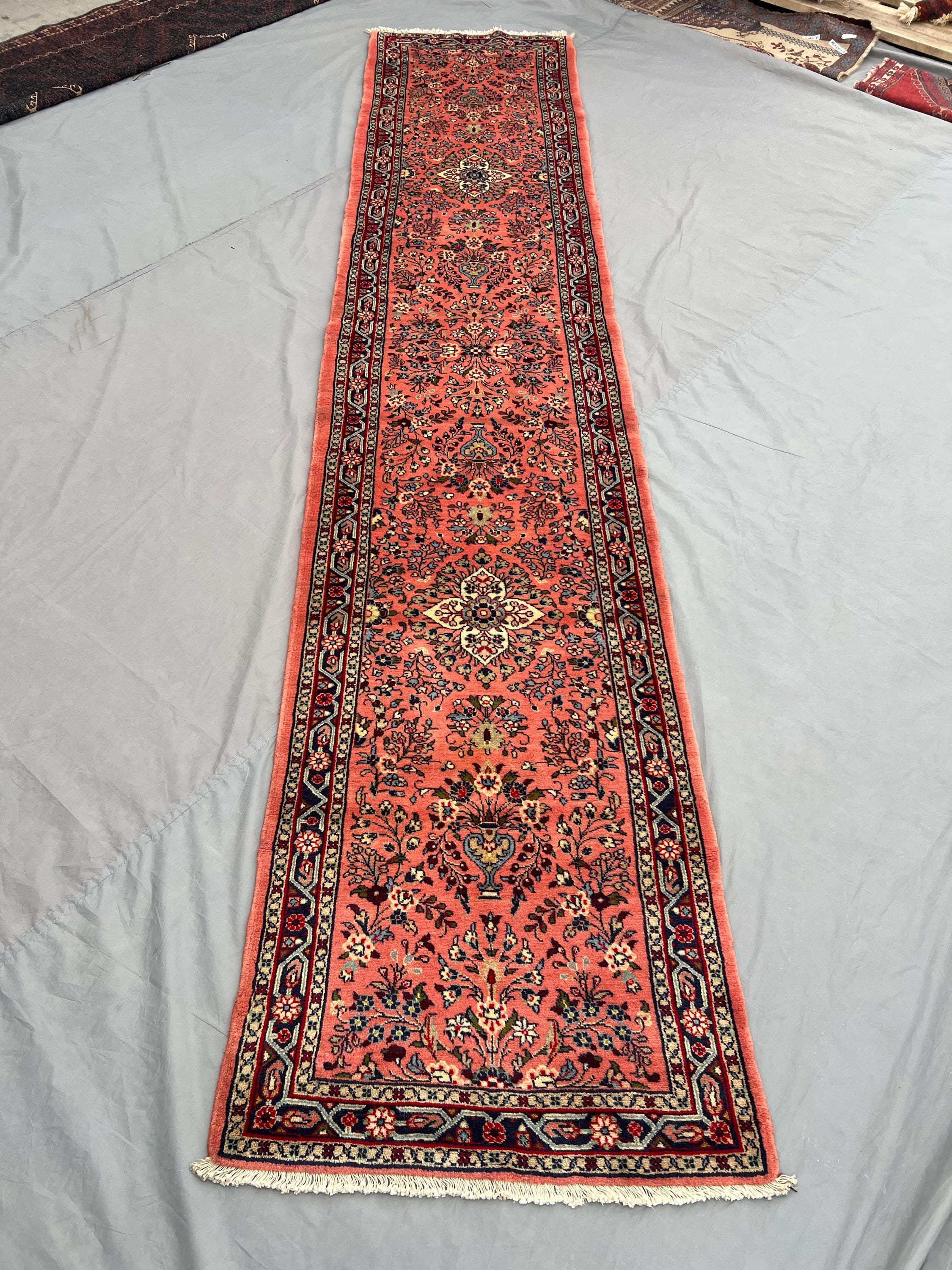 3x13 Turkish inspired long runner rug | handmade floral medallion rug pink hallway rug caucasian style soft pile carpet | Entryway decor