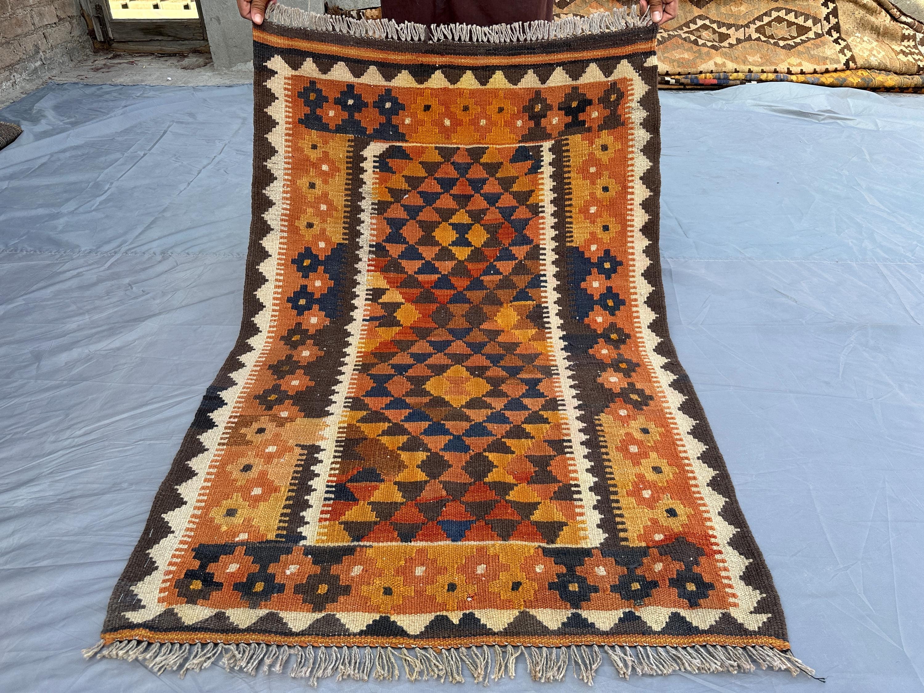 2'9x4.1 ft Antique Turkmen Faded Rug, Handmade Flatweave Kilim Rug, Oriental Afghan Wool Rug, Geometric Rug, Bedroom, Kidsroom floor rug