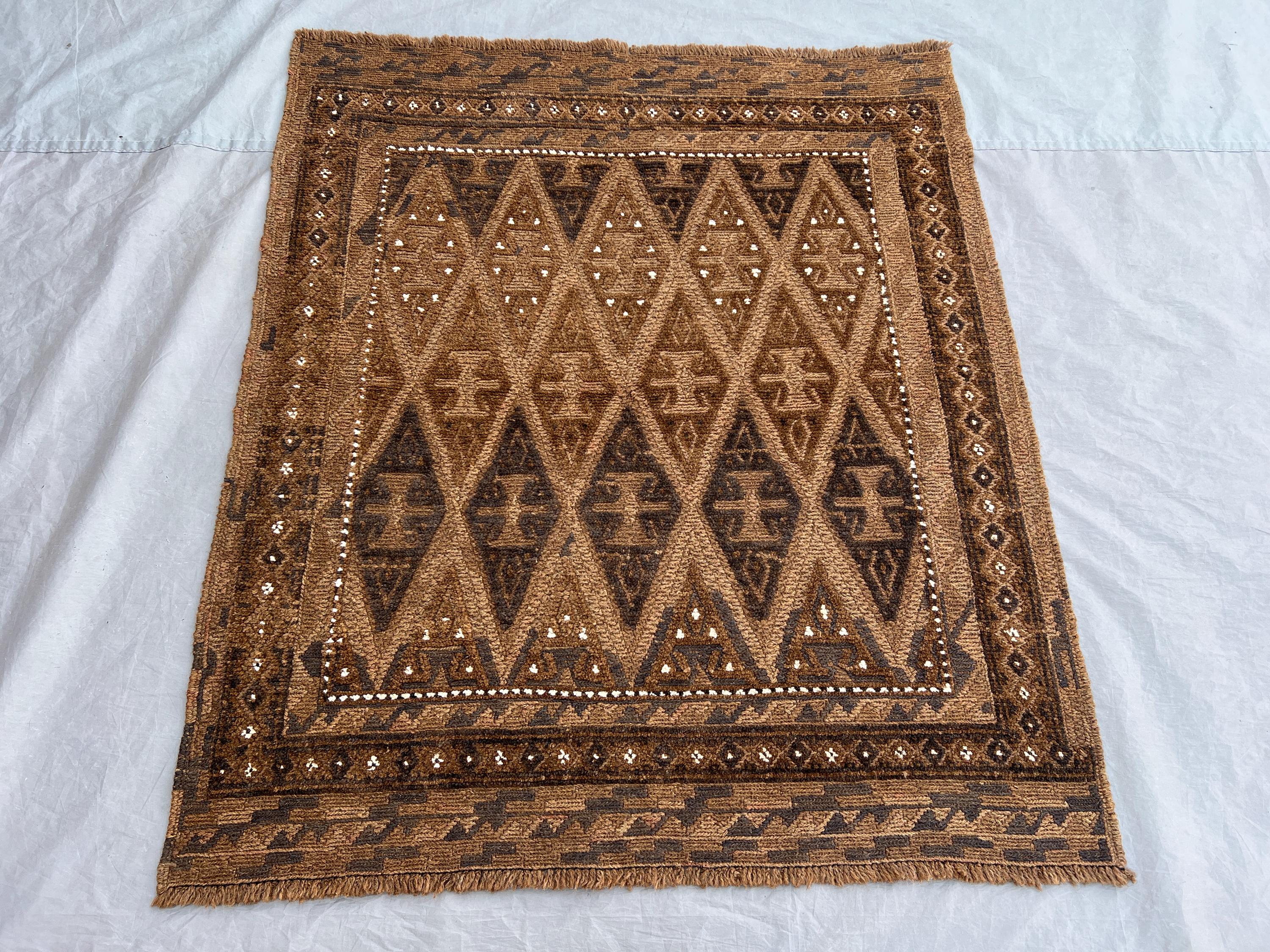 3'9 x 4'4 ft Vintage Afghan Baluchi Handknotted Rug, Tribal Geometric Pattern, Soft Wool Pile, Ethnic Decor, B