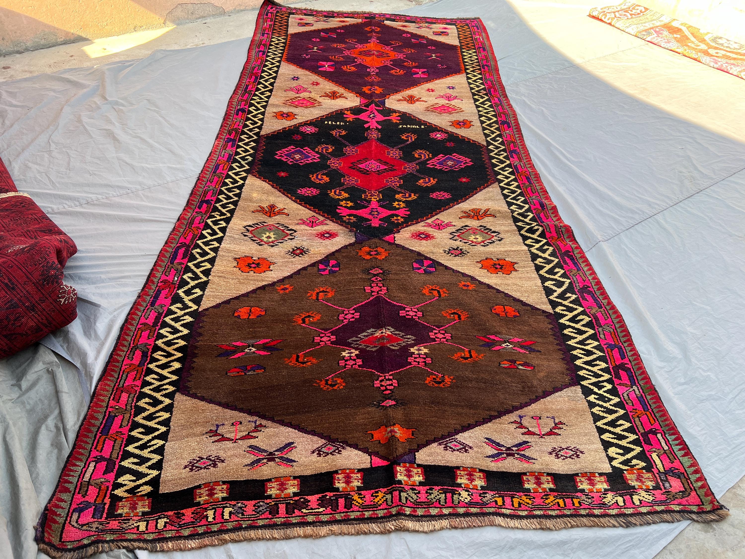 5'9x13'7 Vintage Afghan Hand Knotted Wool Runner Rug | Multicolor Tribal Diamond Medallion Hallway Runner | Nomadic Geometric Carpet