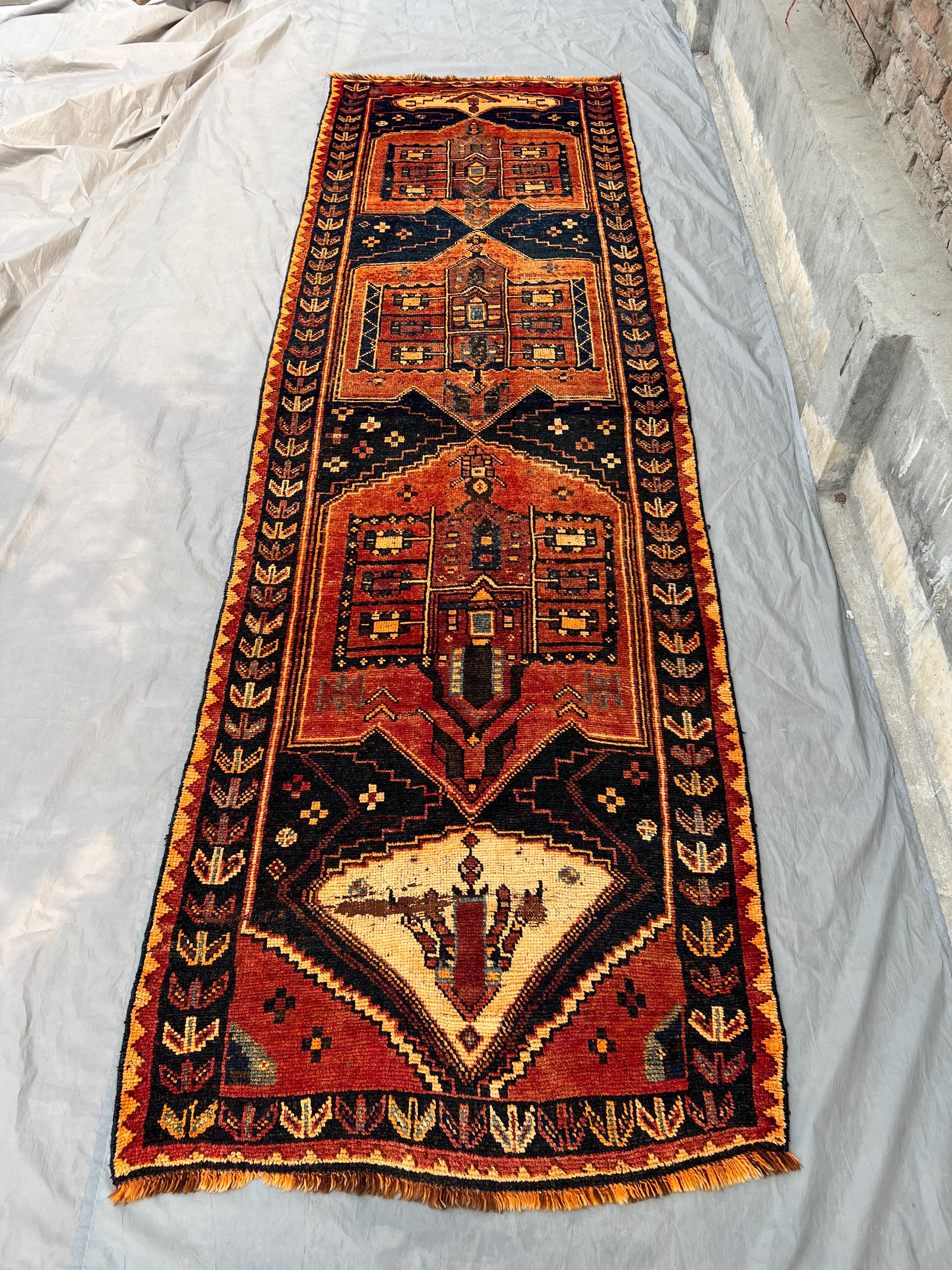 3.9x12.5 ft Antique Runner Rug | 1920s Low Pile Distressed Faded Runner | Caucasian Style Rug | Medallion Vint