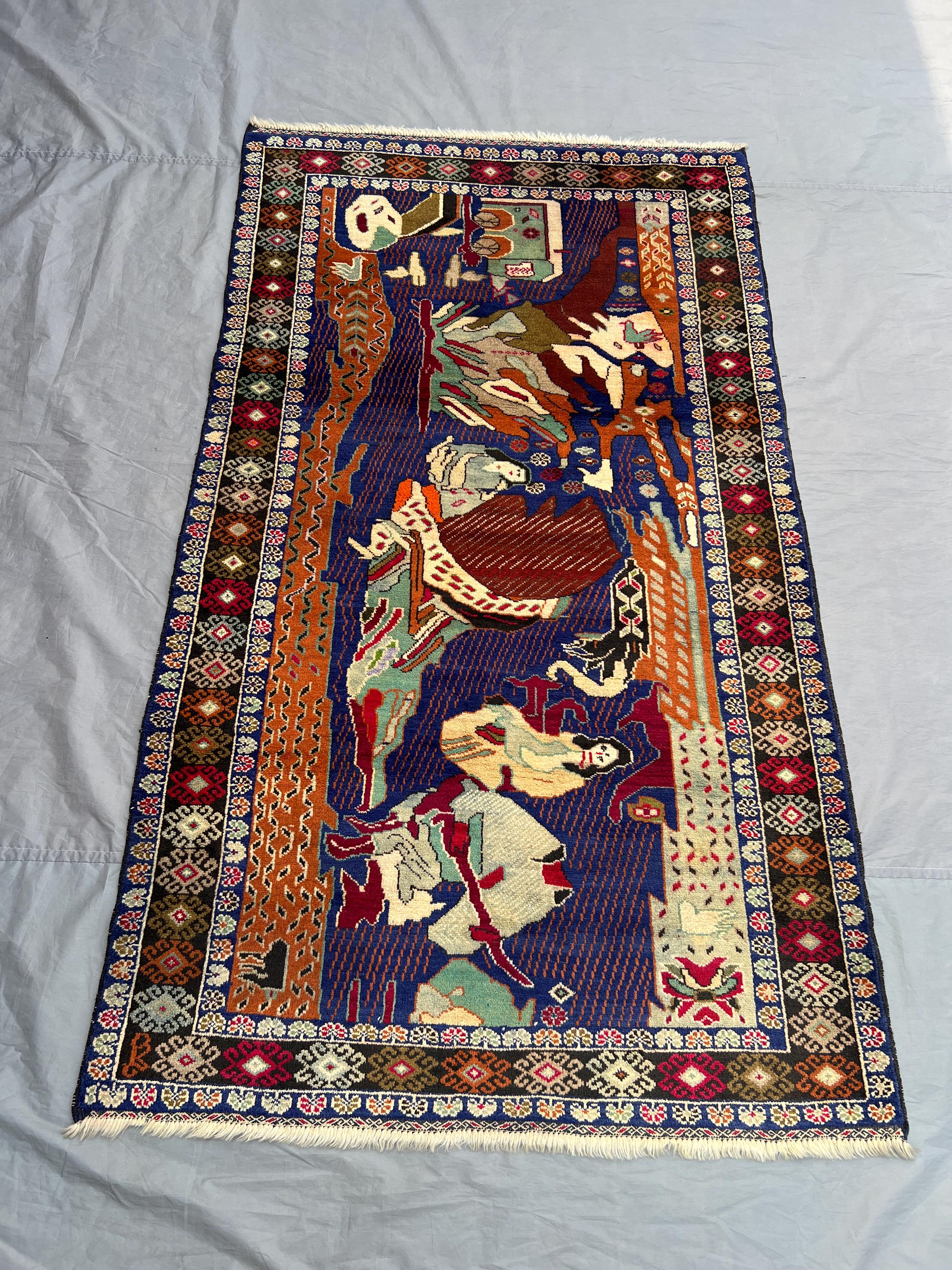 3.8x6.2 ft Afghan Baluchi Hand-Knotted Rug | Vintage Pictorial Design | Rich Red, Blue, Yellow, Green, Ivory |