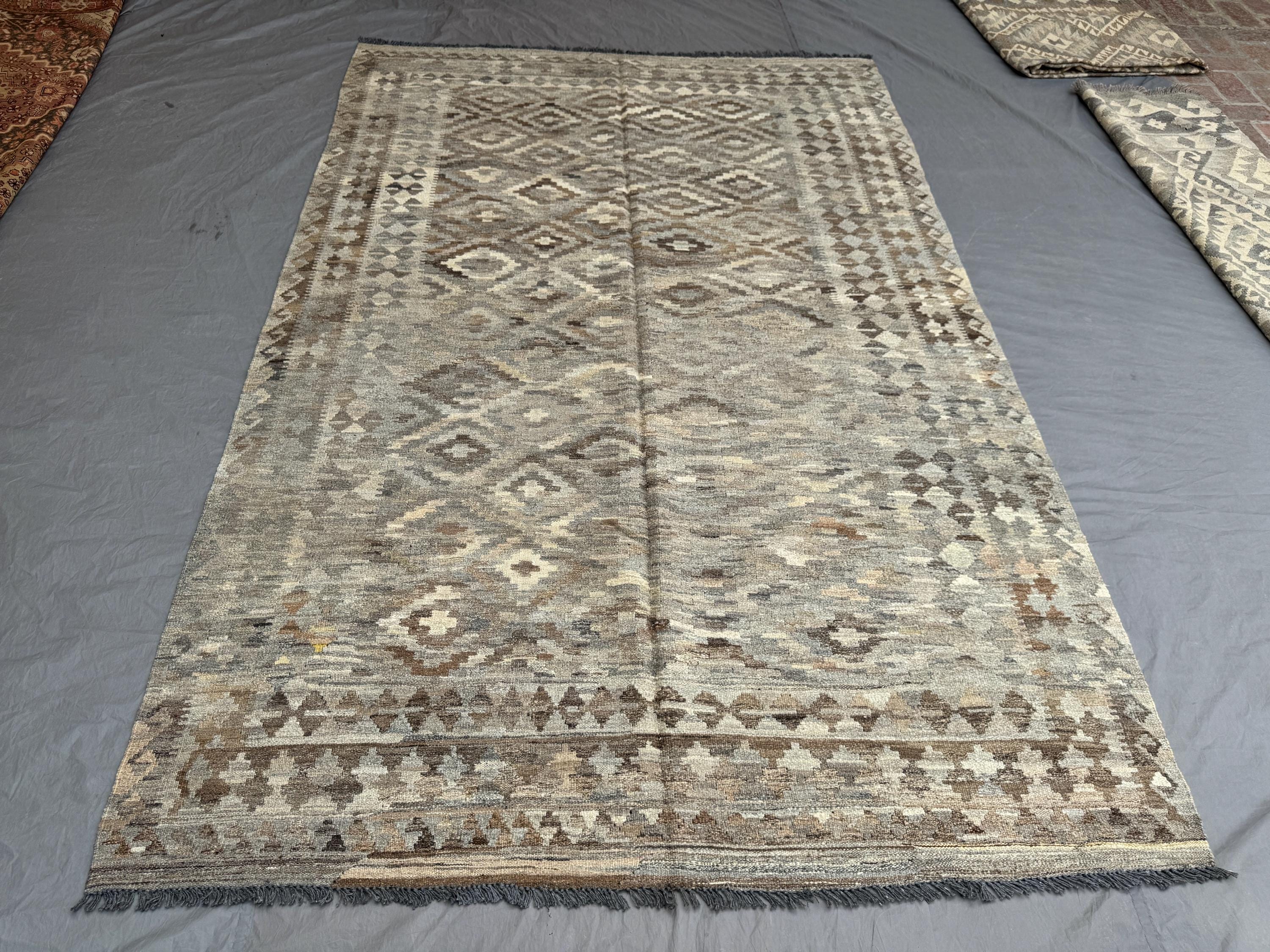 6.3 x 9.8 ft Afghan Vintage Hand Woven Kilim Rug One of a Kind Large Maimana Flat Weave Tribal Geometric Earth Tone Area Carpet