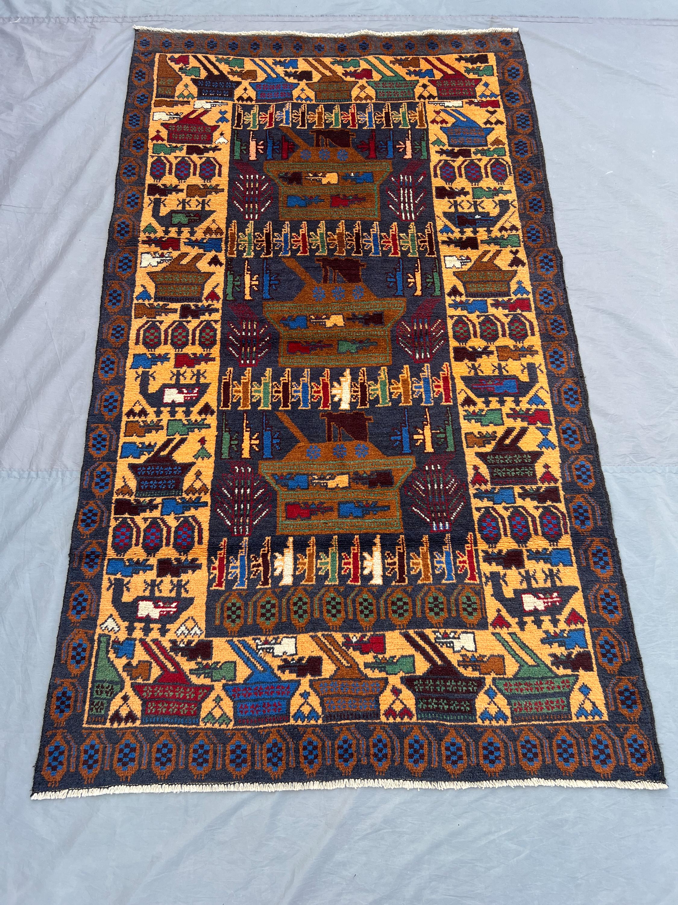 Afghan Pictorial War Rug | 4 x 7 Hand-Knotted Wool rug | Vintage Baluchi Tribal Design | Soft Pile Collectible