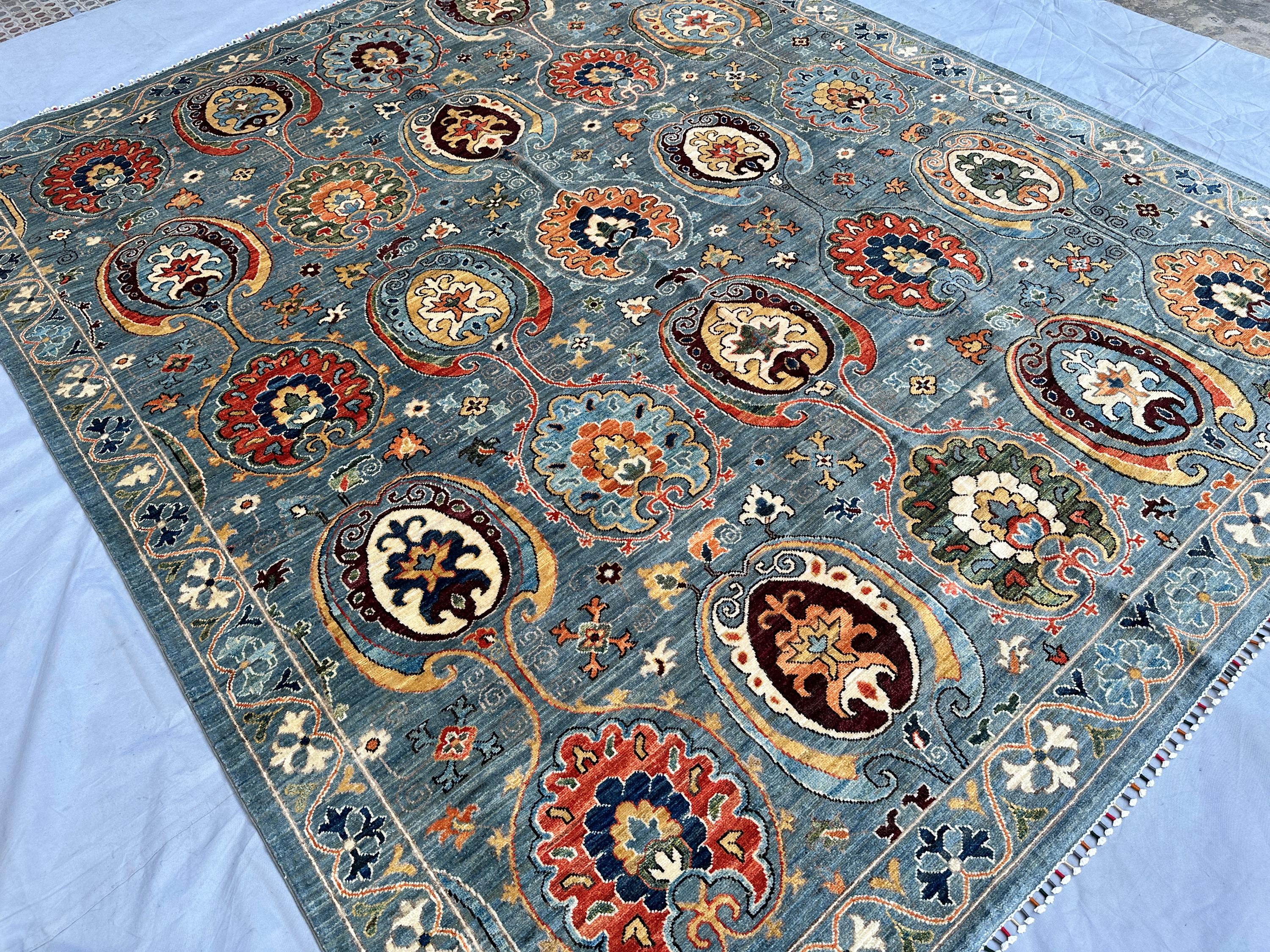 8x10 Afghan Oushak Area Rug Hand-Knotted Wool Carpet, Slate Blue Pomegranate Medallion Design, Large Living Ro
