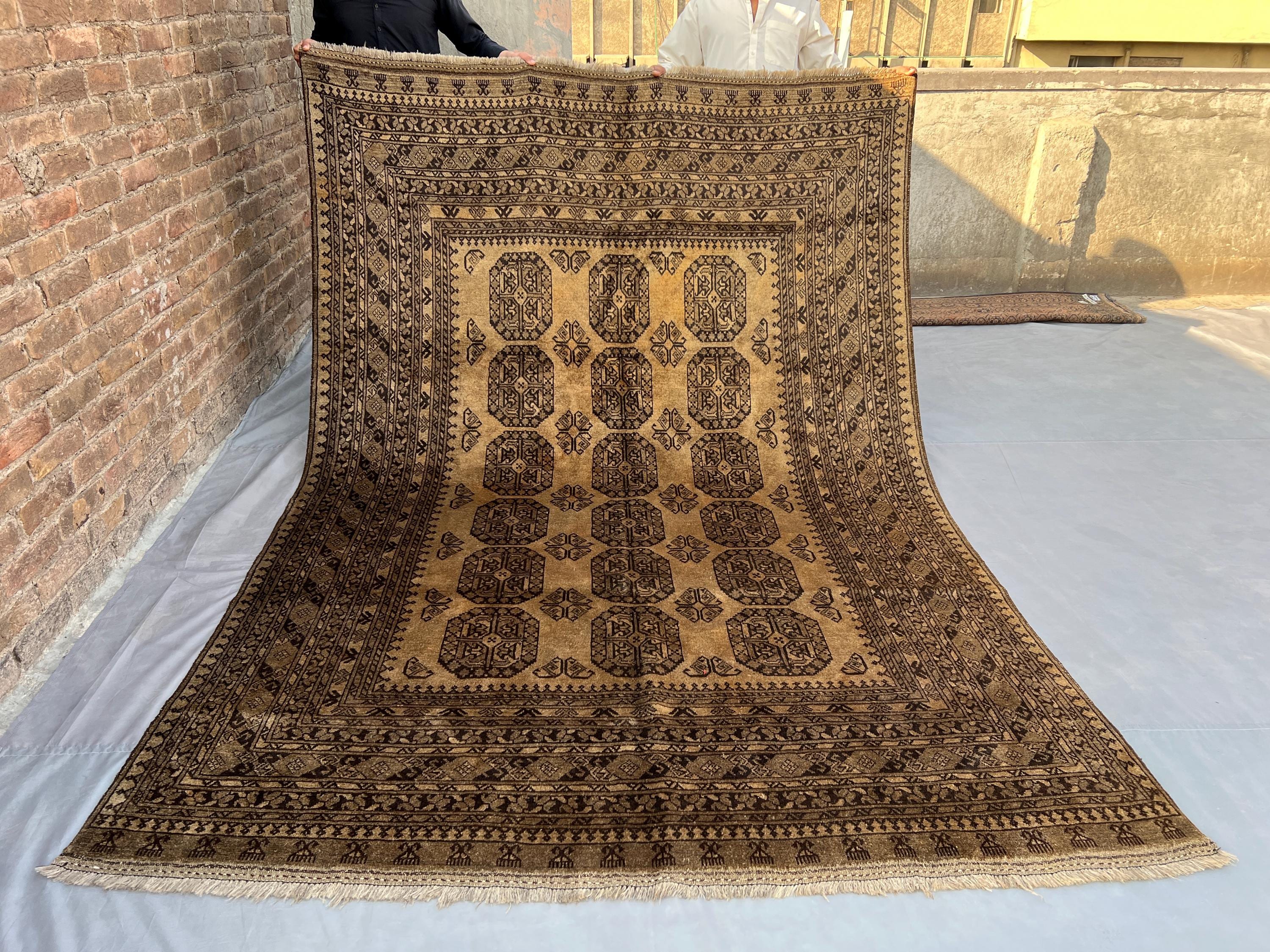 7x10 Antique Turkmen Tribal Rug, Geometric Pattern, Afghan Hand-Knotted Turkoman Ersari Rug, Elephant Foot Design Wool Rug, Living Room Rug