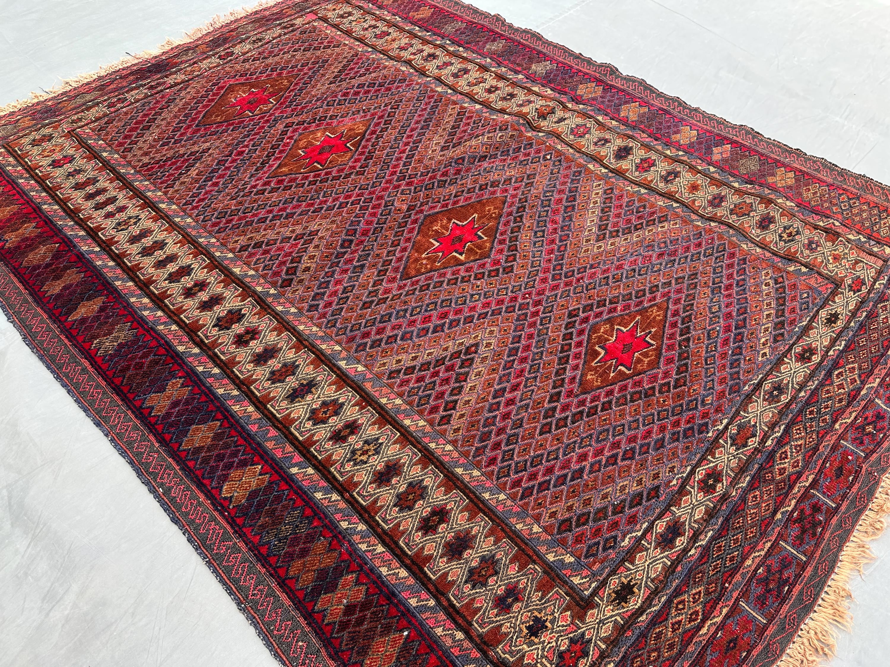 4'1" x 5'4" ft Antique Afghan Baluch Rug, Hand Knotted Tribal Wool Carpet, Geometric Vintage Area Rug for Living Room or Bedroom Rug, Boho