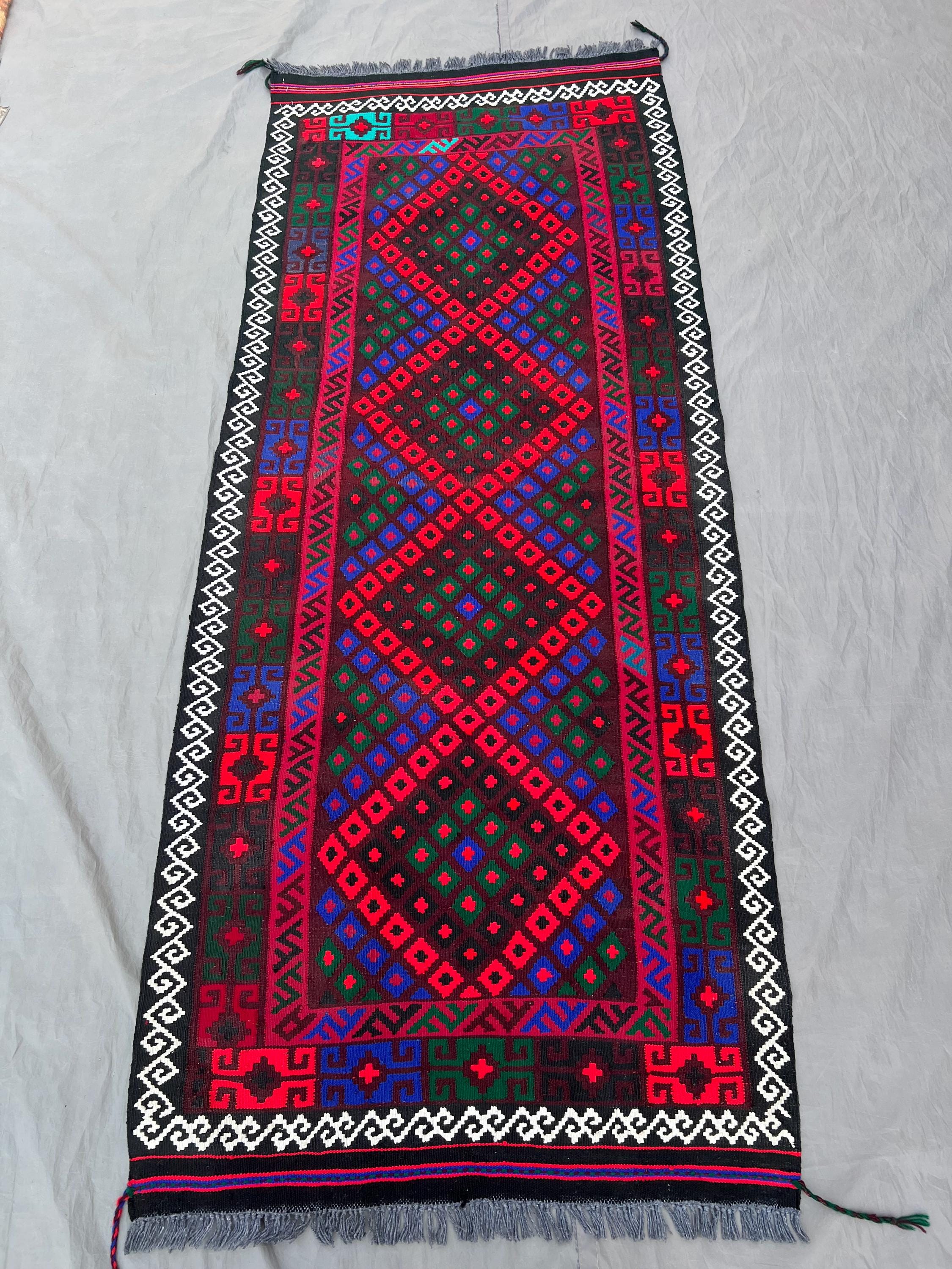 2'7 x 6'6 Vintage Afghan Hand-Woven Kilim Rare One-of-a-Kind Maimana Design Bold Red, Blue & Green Colors | Living room or Farmhouse decor