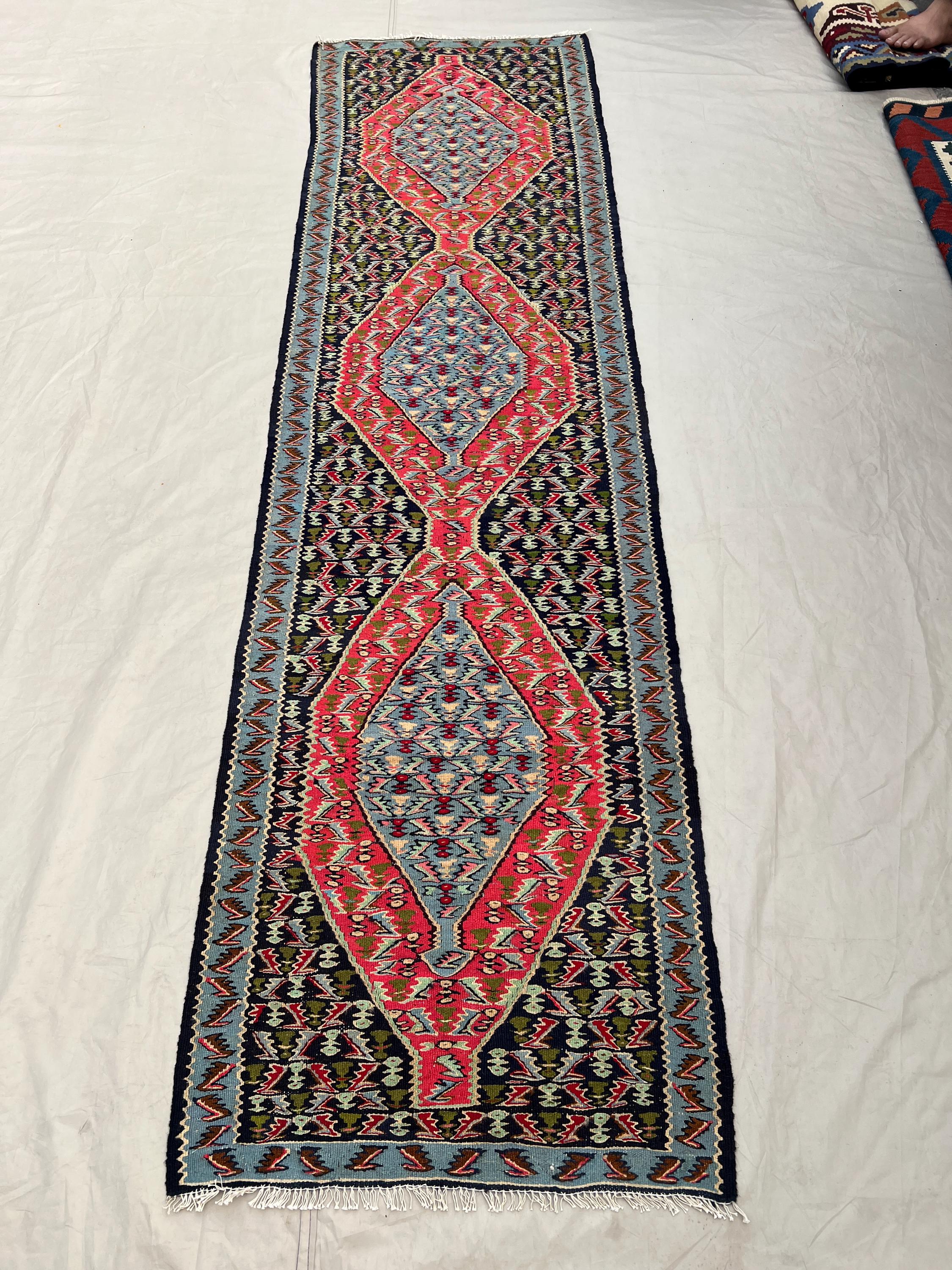 2'6x9'5 Vintage Afghan Kilim Runner Handwoven Wool Flatweave Triple Diamond Medallion Navy Pink Sky Blue | Hallway Entryway Kitchen Runner