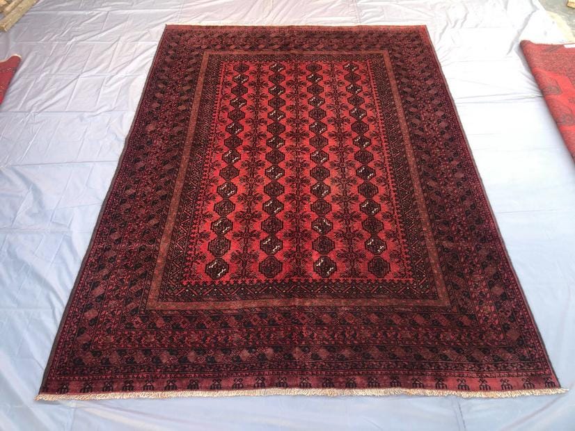 7x10 Orangish Terracotta Rug/ Afghan Tribal Rug/ Turkmen Handmade Wool Rug/ Antique Rug/ Low Pile Distressed Faded Rug/ Living Room Rug