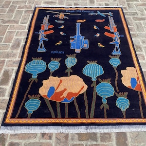 5x7 Handmade Afghan War Rug, Navy Blue Wool Carpet, Poppy & Rifle Design | Political Art Rug | Unique Collectible Statement Oushak rug