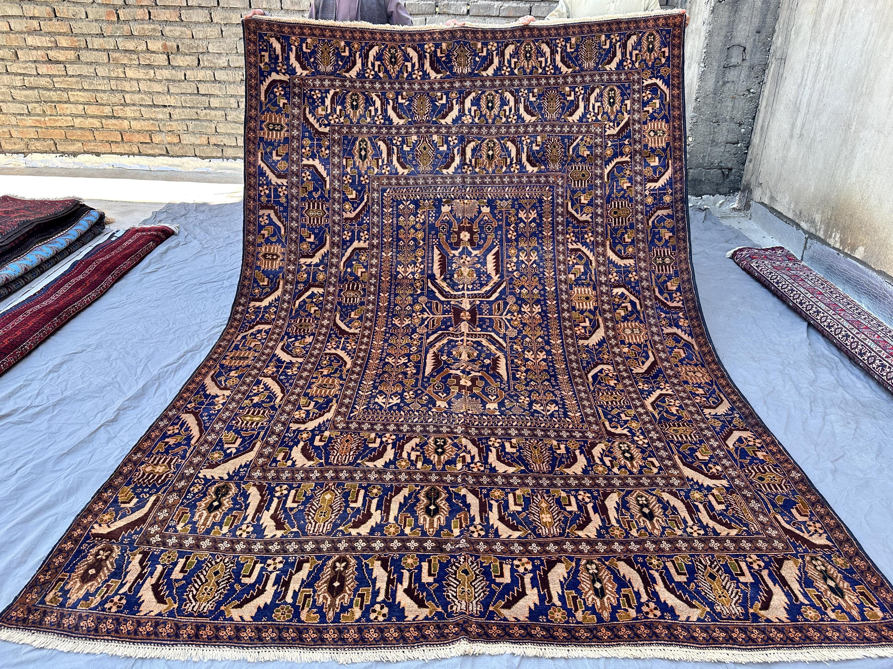 Zakani Navy Blue Afghan Baloch Pictorial Rug 10x6, Old Hand-Knotted Wool Carpet, Tribal Bird Motif Garden Desi