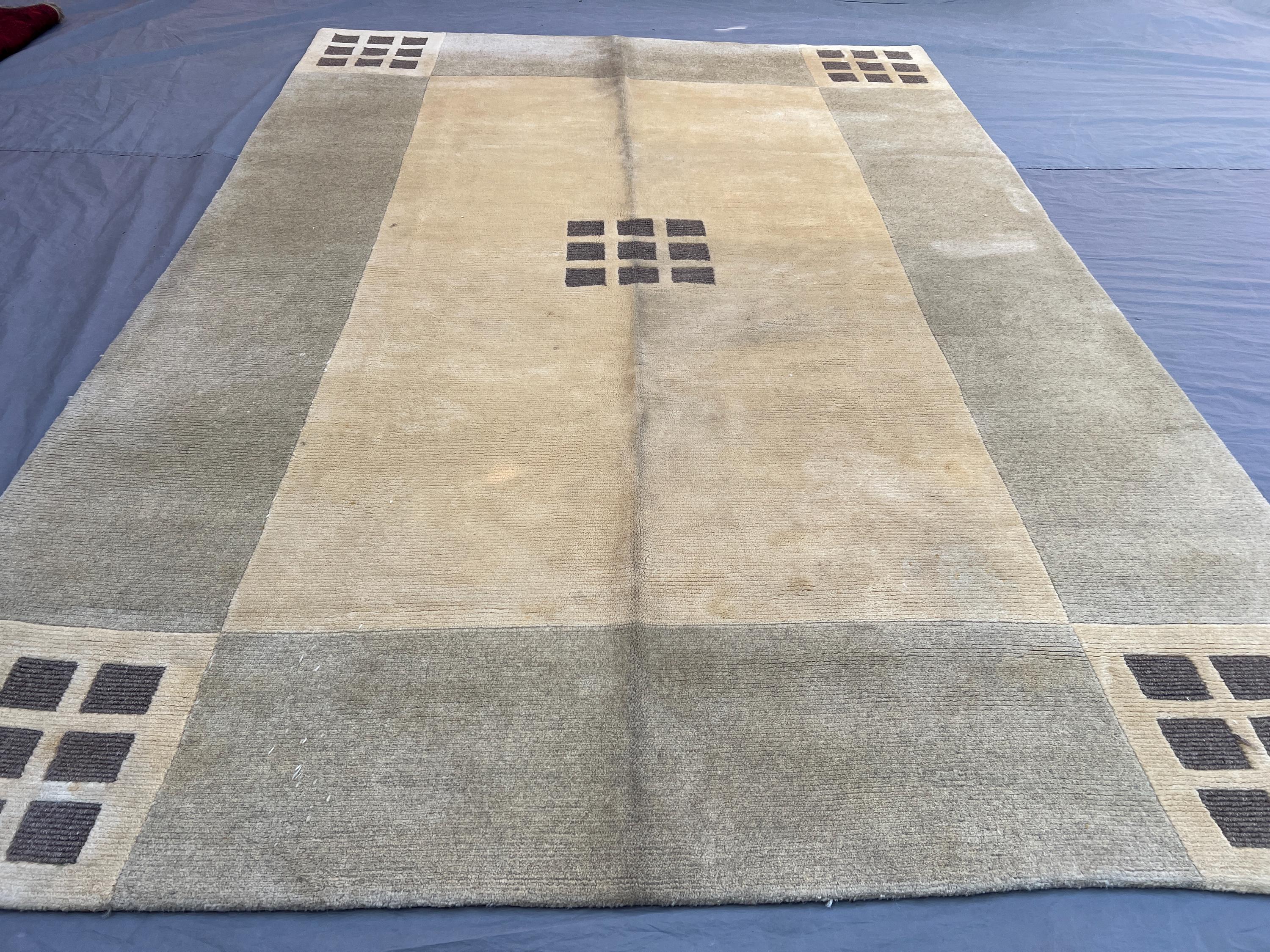 6'4x9'3 Vintage Afghan Gabbeh Wool Pile Rug HandKnotted Minimalist Open Field Square Motif Ivory Sage Grey Area Rug Living Room Modern Decor