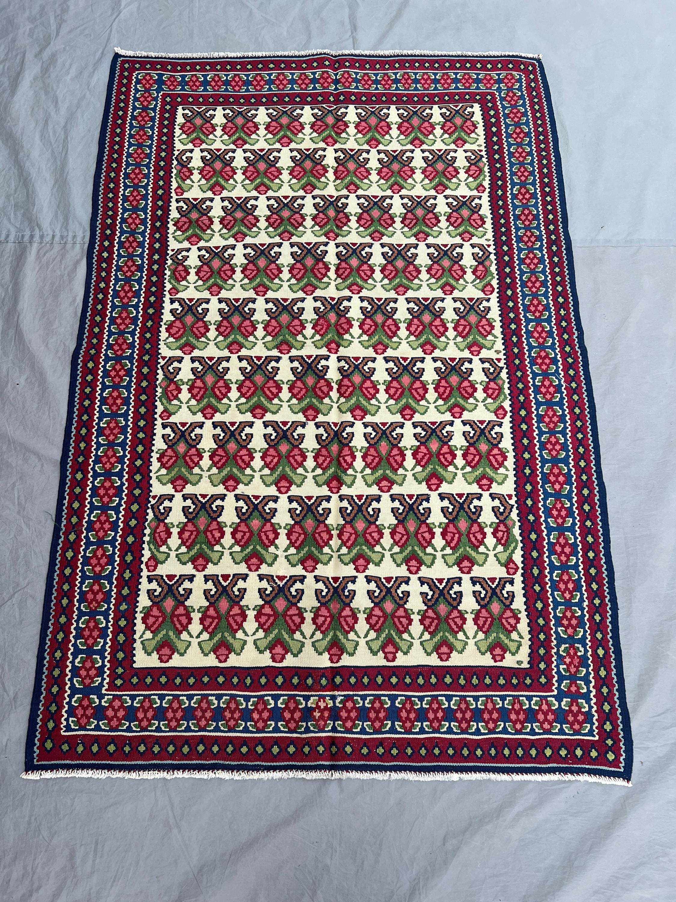 3'7x5'4 ft Vintage Afghan Kilim Handwoven Flatweave - Floral Geometric Design, Multi-Color Tribal Wool Rug Living Room Hallway