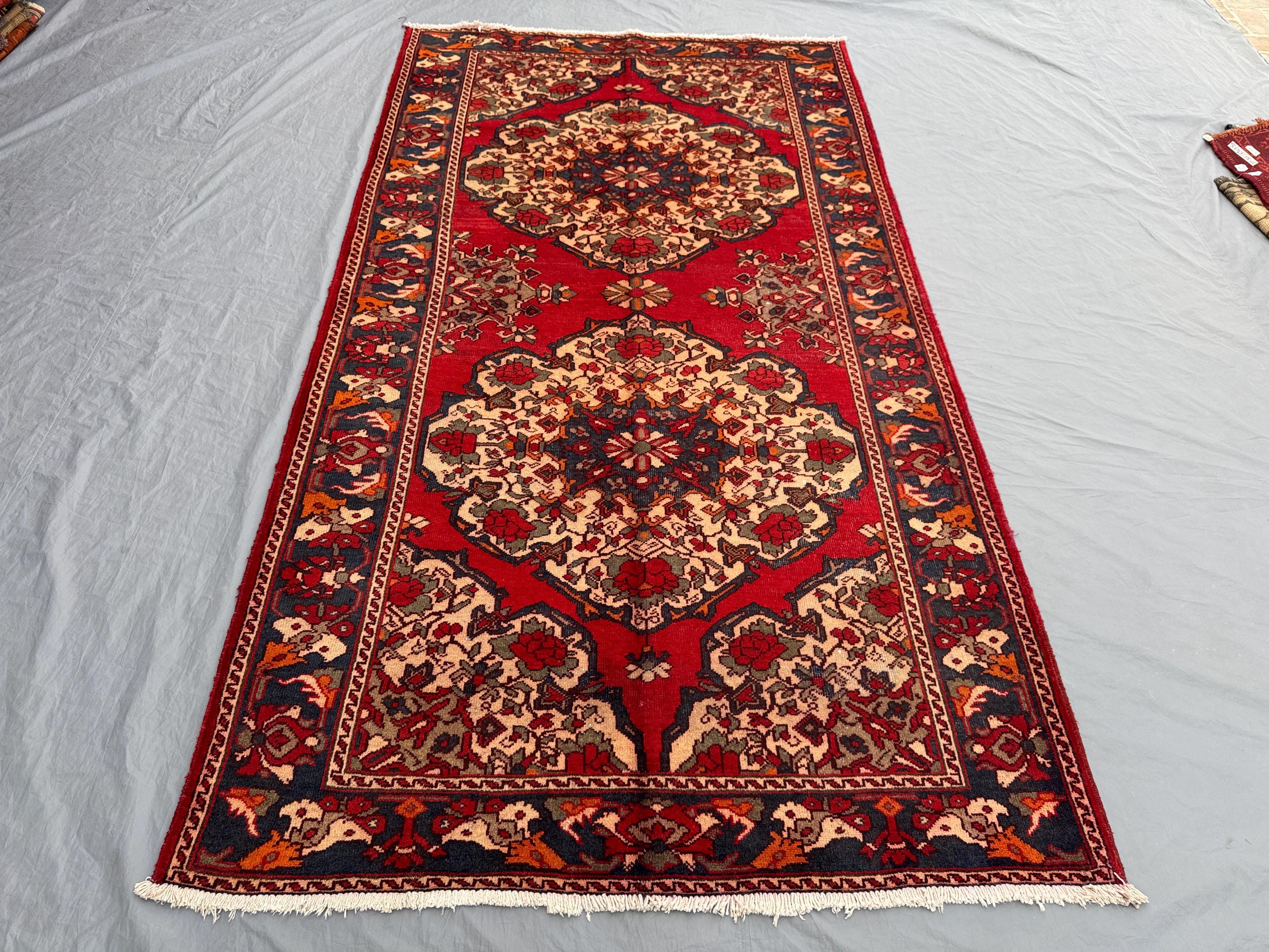 Red 5'3x9'9 Ft Turkish Inspired Caucasian Wide Runner Rug, Soft Pile, Floral Design, Vintage Rug, Antique Style Display Rug, Bedside Rug