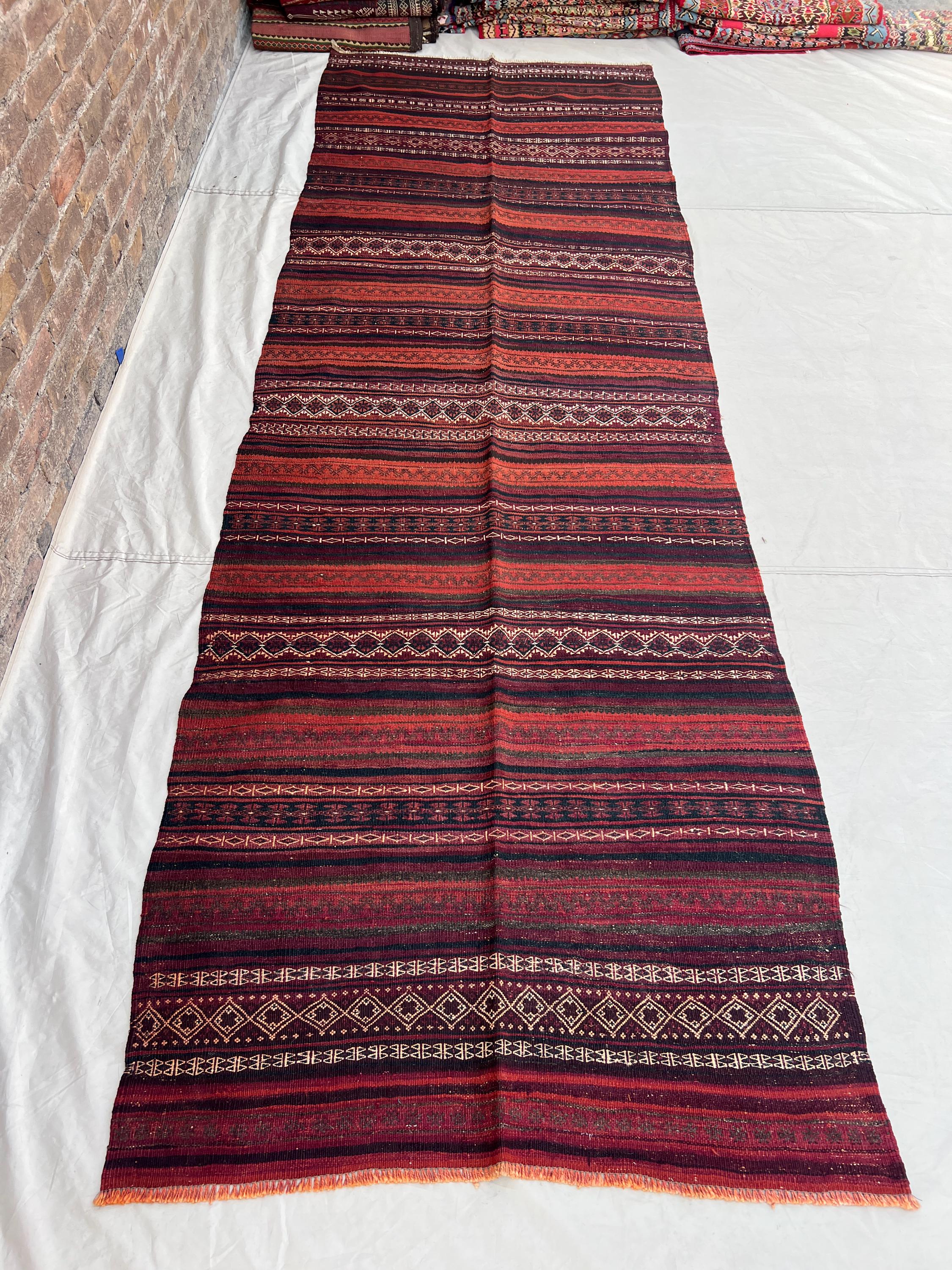 3'9x11'9 ft Vintage Afghan Kilim Runner, Handmade Flatweave Wool Rug, Long Hallway Runner, Tribal Stripe Carpet, Boho Home Decor