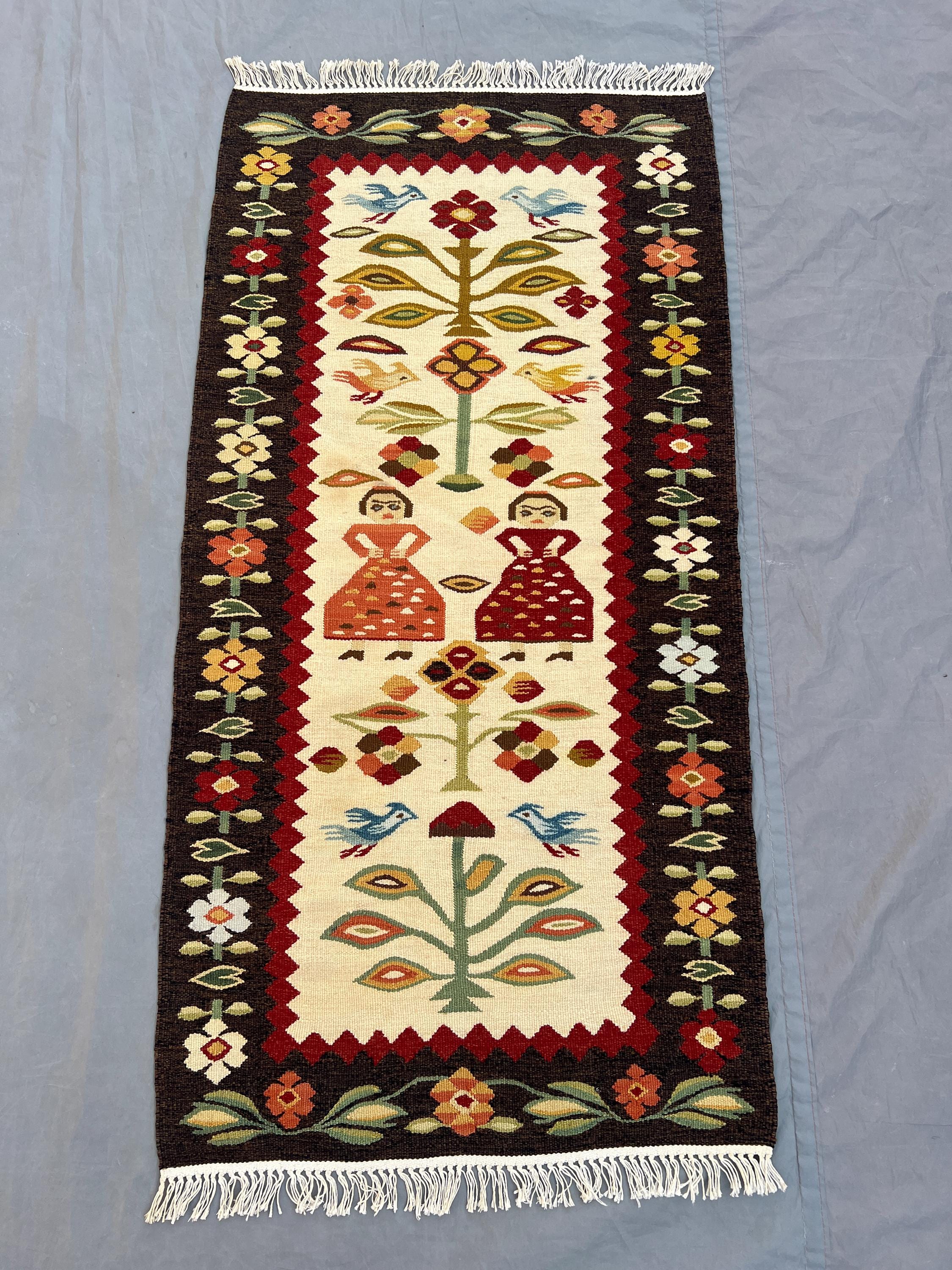2 x 4 ft Afghan hand woven flat weave kilim rug one of a kind small pictorial girl design tribal area rug
