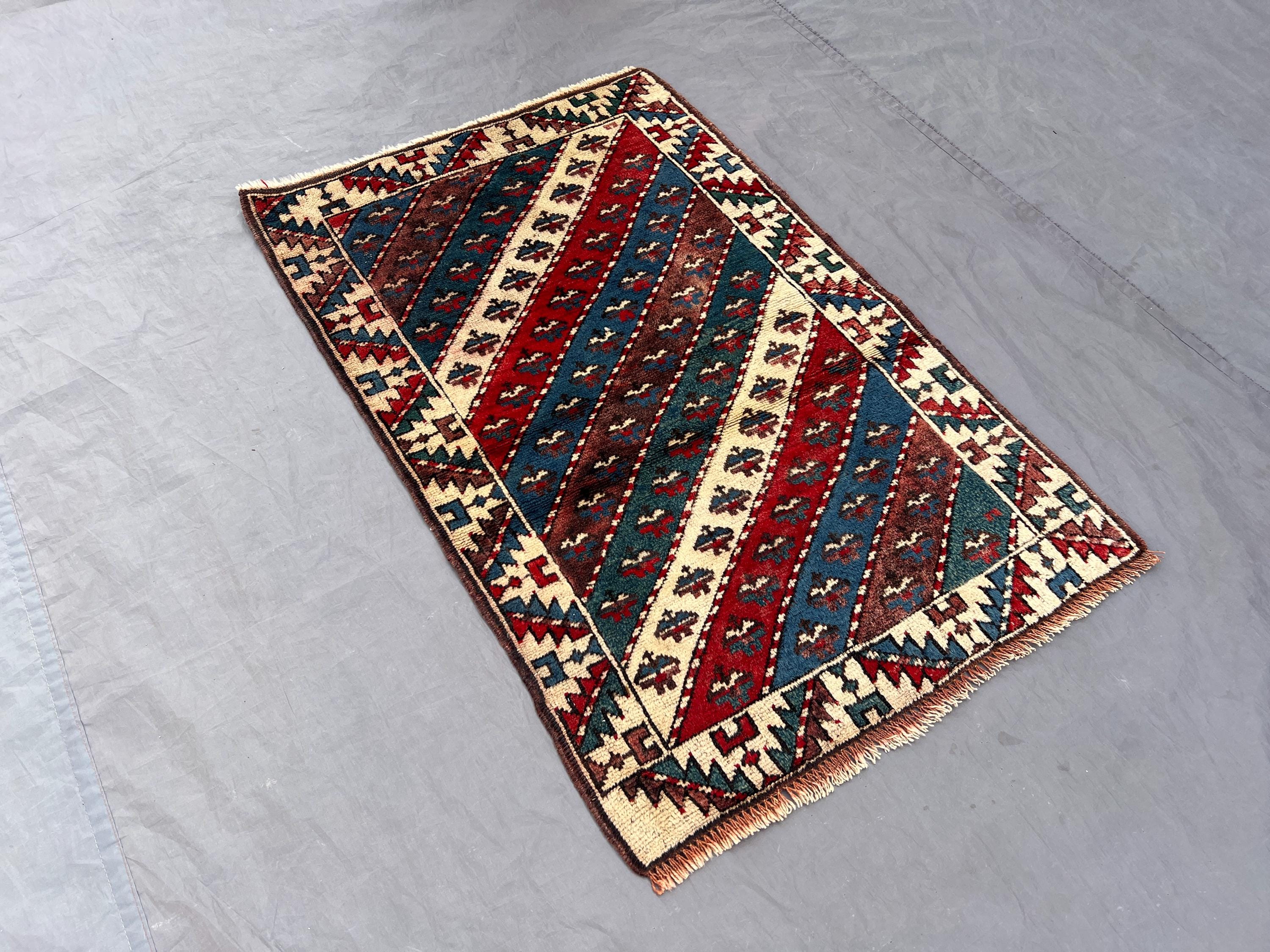 2'5 x 3'8 ft Vintage Afghan Hand-Knotted Kazak Rug, Tribal Wool Carpet Red Blue Cream Geometric Pattern Small