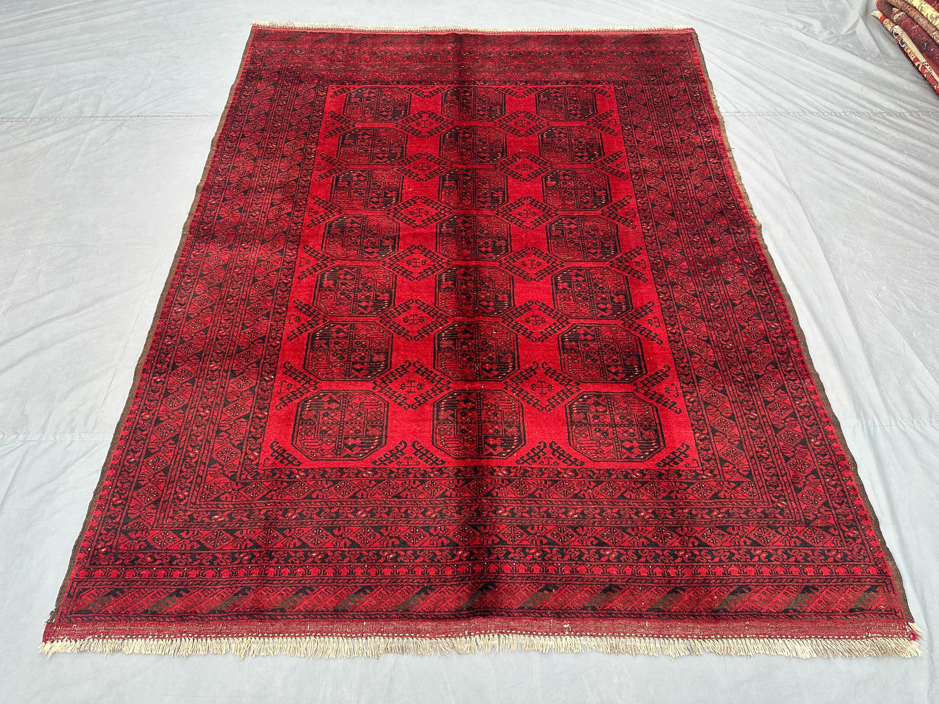 Antique Afghan Bukhara Rug 7x9 Hand-Knotted Wool Carpet | Traditional Geometric Vintage Rug Pilpa Design | Living Room or Outdoor Area Rug