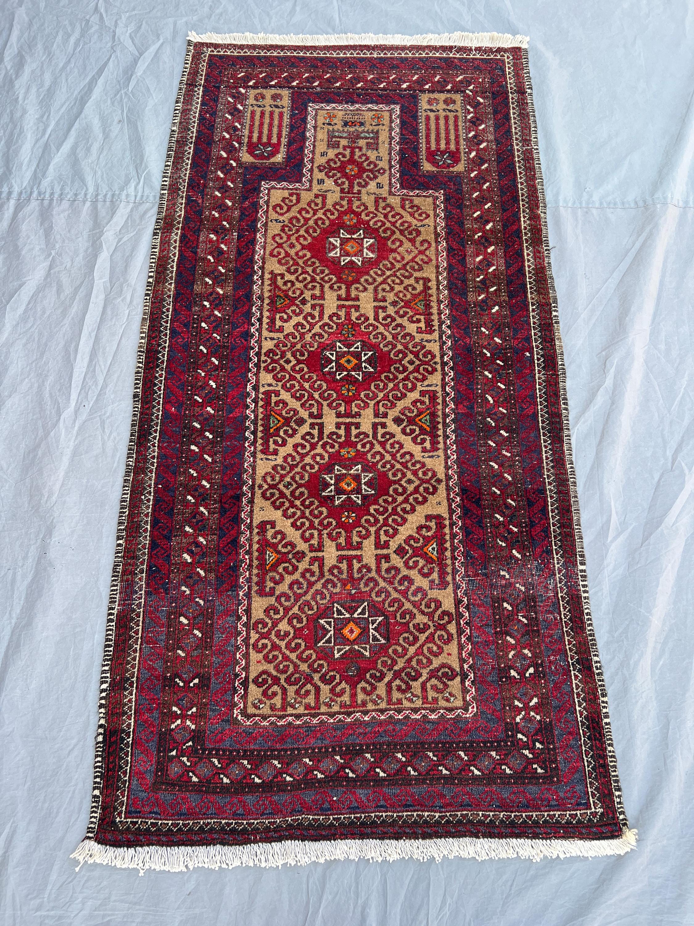2'10×5'8 ft Vintage Afghan Baluch Prayer Rug — Handwoven Tribal Wool Rug with Triple Star Medallion & Mihrab Arch Design — Bedroom, Hallway