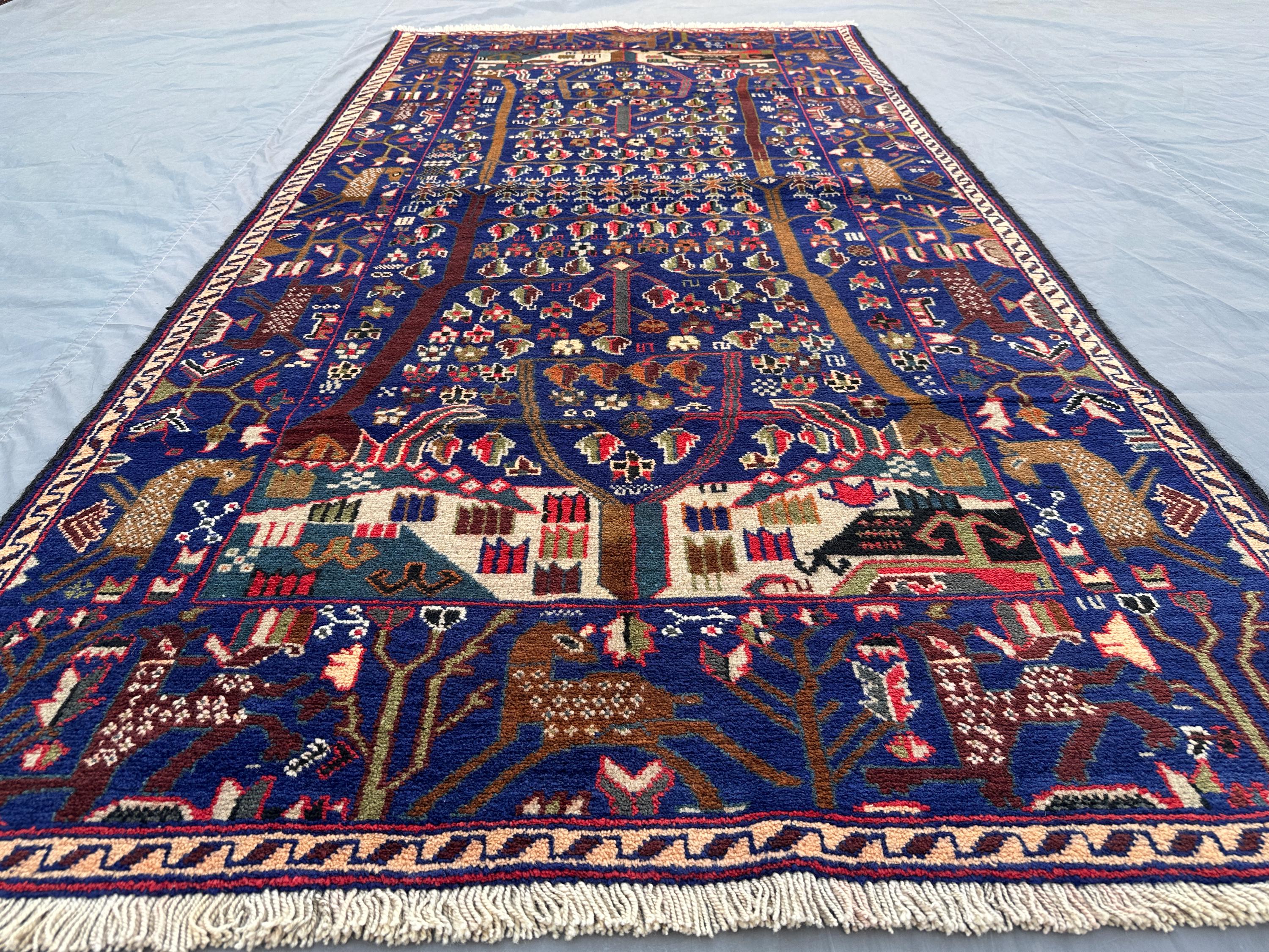 4x7 Antique Afghan Baluchi Rug, Tribal Tree of Life Wool Rug, Handmade Geometric Pattern Bedroom Kitchen Rug, Home Decor Moss rug, Pictorial