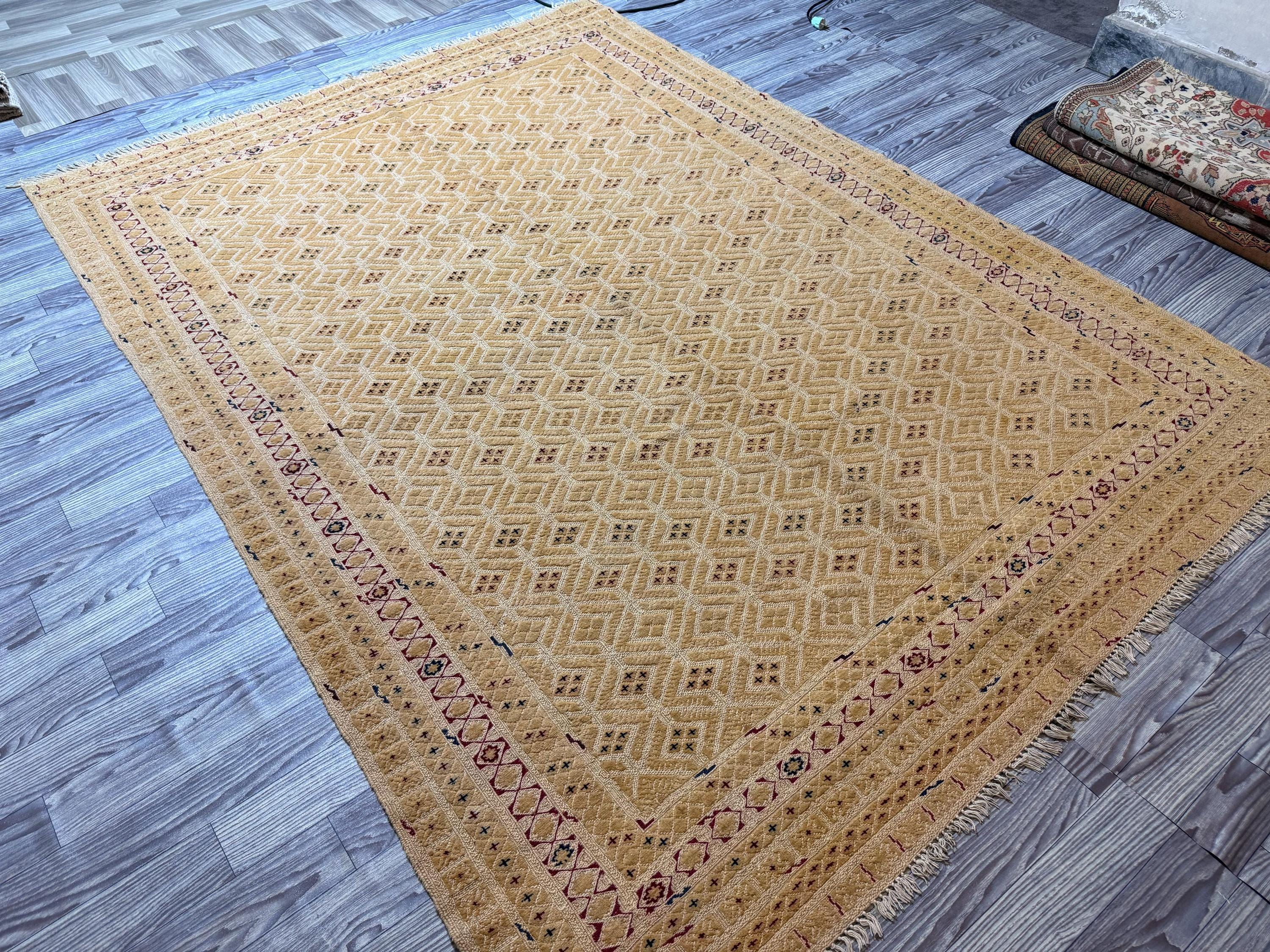 Vintage Mishwani Hand-Woven Tribal Rug – (6'5" x 8'6"), Geometric Pattern, Soft Wool Carpet, Turkish Style Tribal Rug, Bedroom Décor Rug