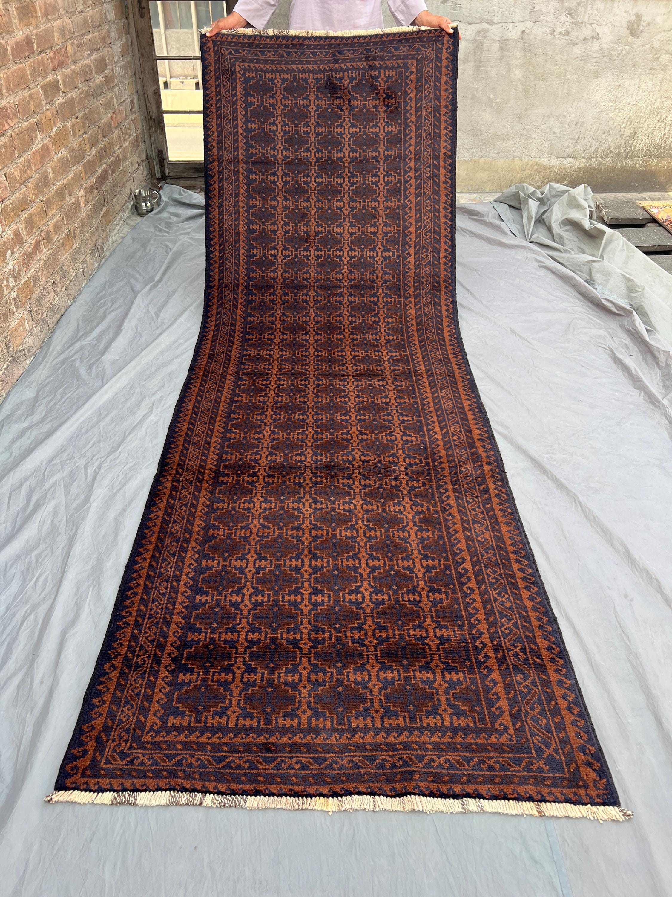 3'4" x 9'9" Vintage Afghan Hand-Knotted Tribal Runner Rug, Geometric Wool Design, Antique Hallway Carpet, Uniq