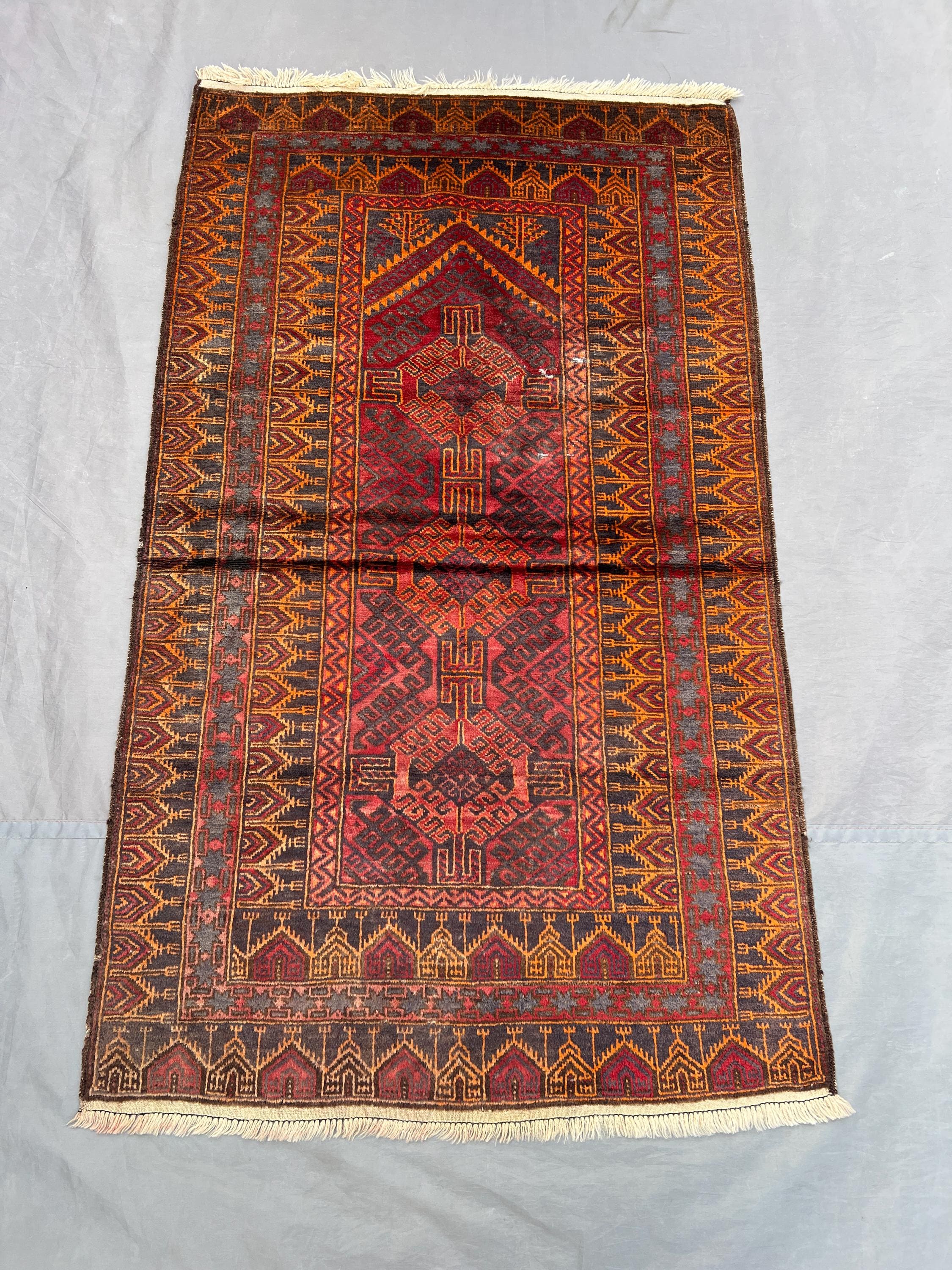 3 x 5 ft Afghan Hand Knotted Vintage Balochi Rug Red Brown Tribal Geometric Soft Wool One Of A Kind Traditional Nomadic Rug