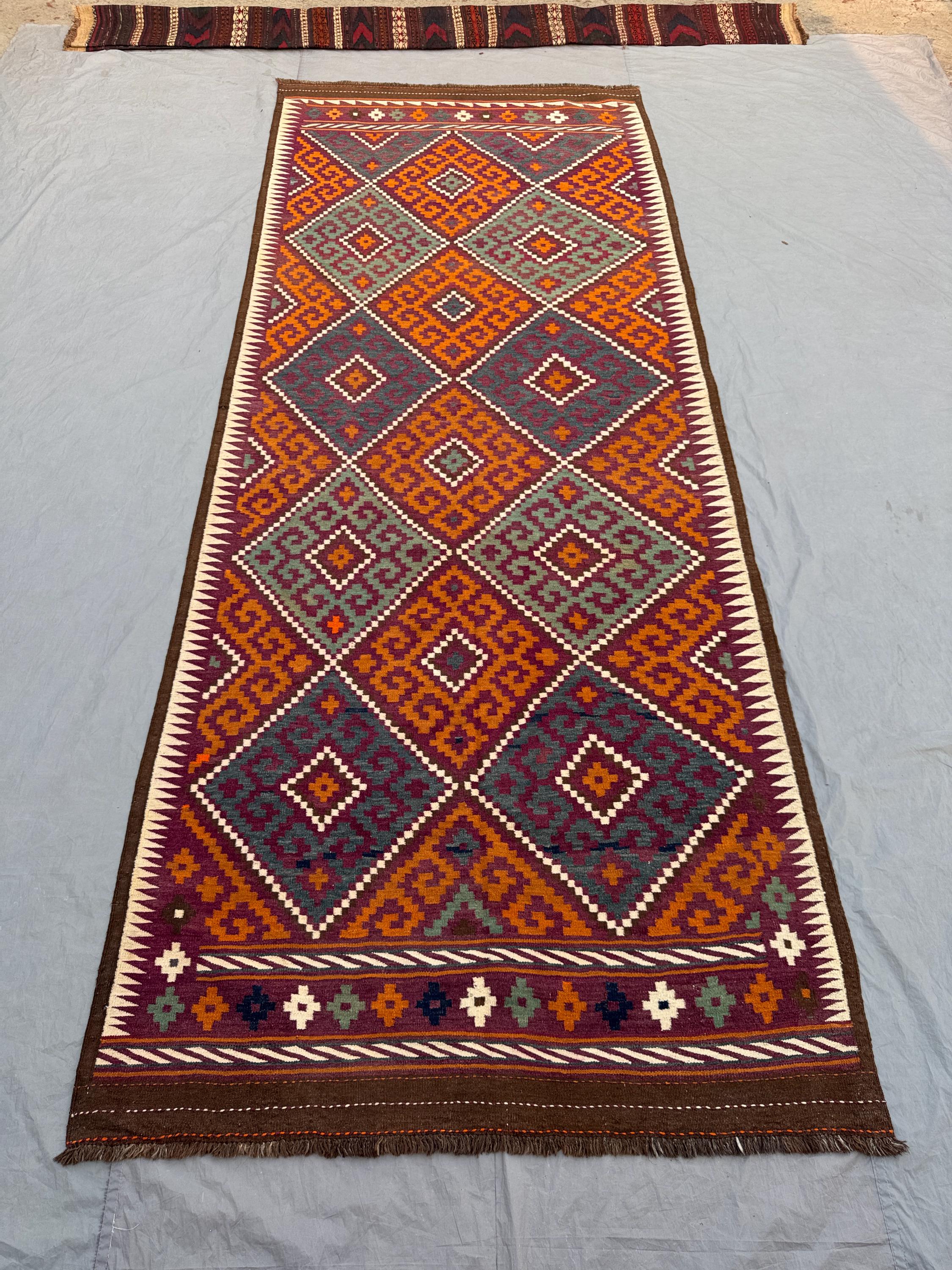 Terracotta 5'3 x 12'8 ft Vintage Afghan Handnotted Kilim Flat Weave Runner, Tribal Geometric Hallway Runner Rug for Entryway Corridor