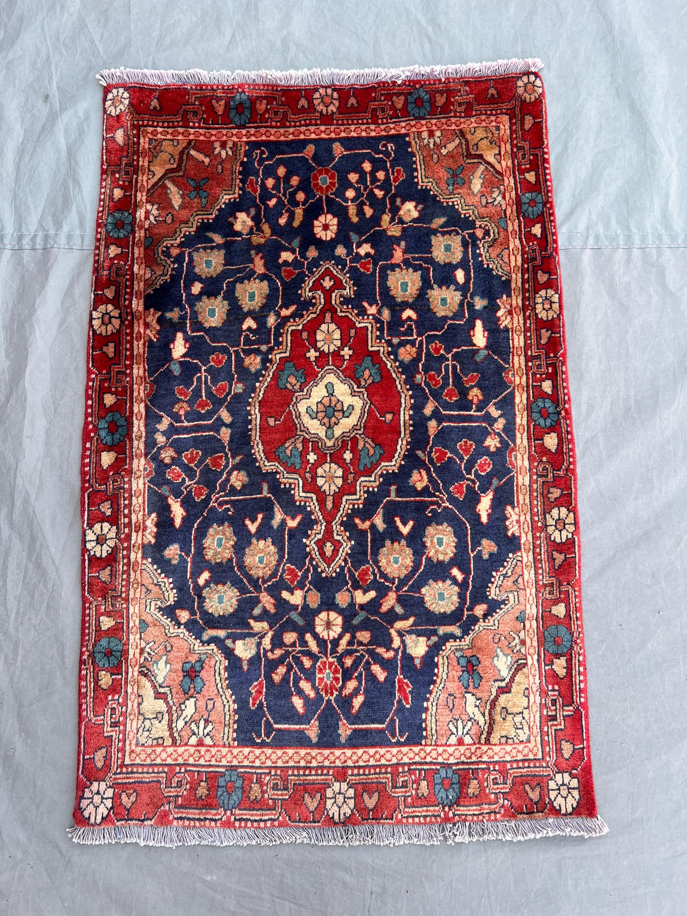 2'1x3'3 Ft Vintage Afghan Pile Rug Navy Blue Floral Medallion Hand Knotted Wool Area Rug | Entryway Bedroom Boho Traditional Home Decor